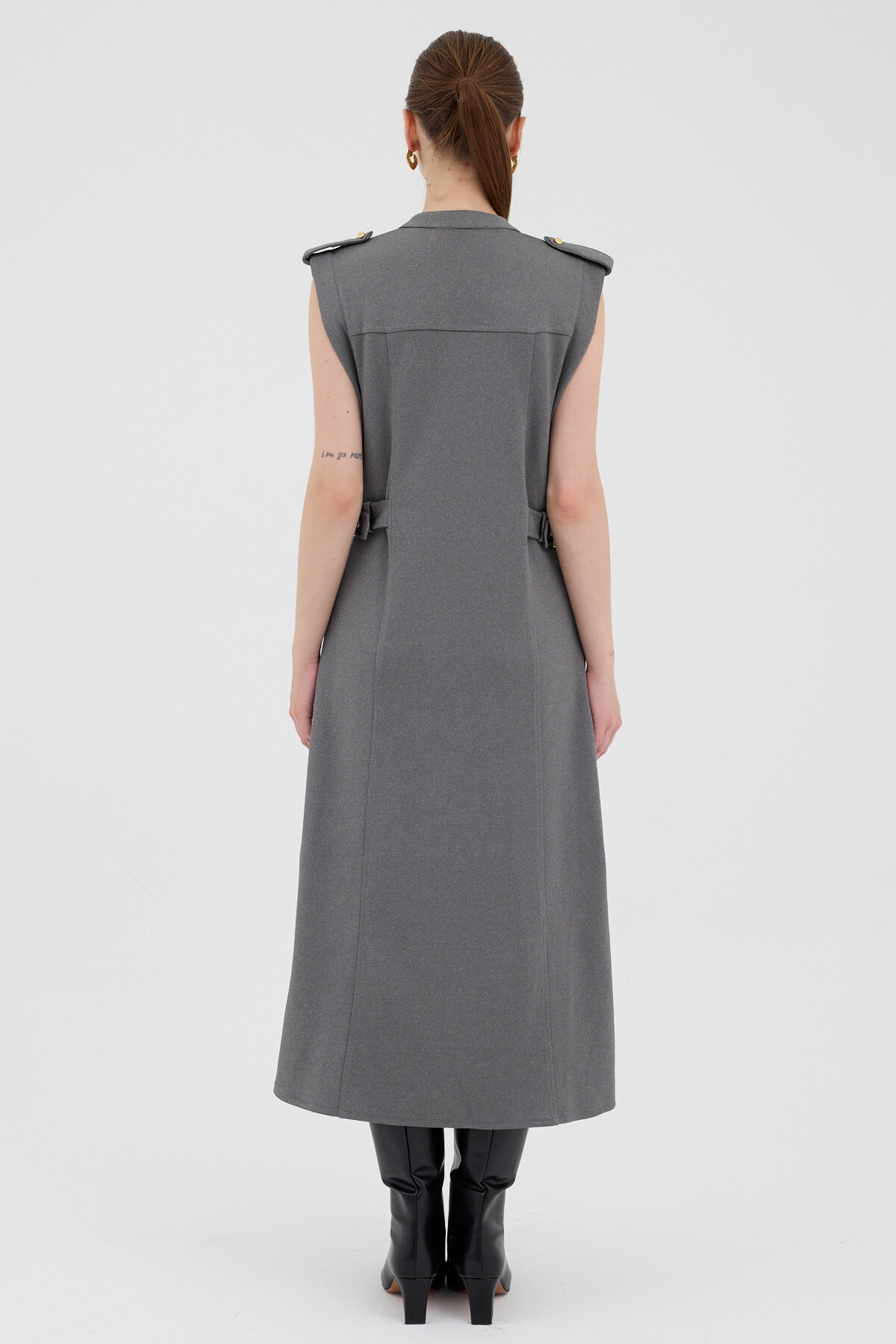 Antrasit Gold Düğme Detaylı Midi Elbise 8125A - 5