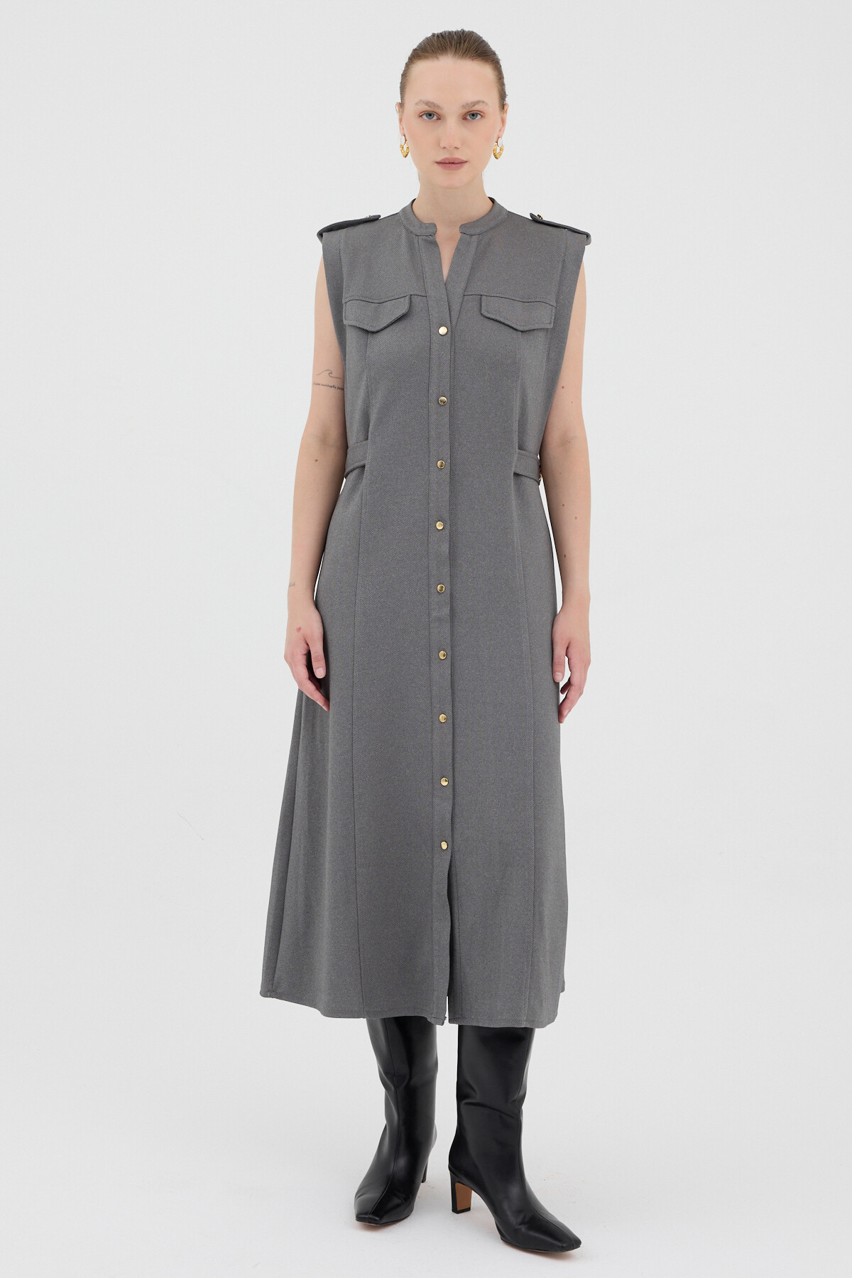 Antrasit Gold Düğme Detaylı Midi Elbise 8125A 