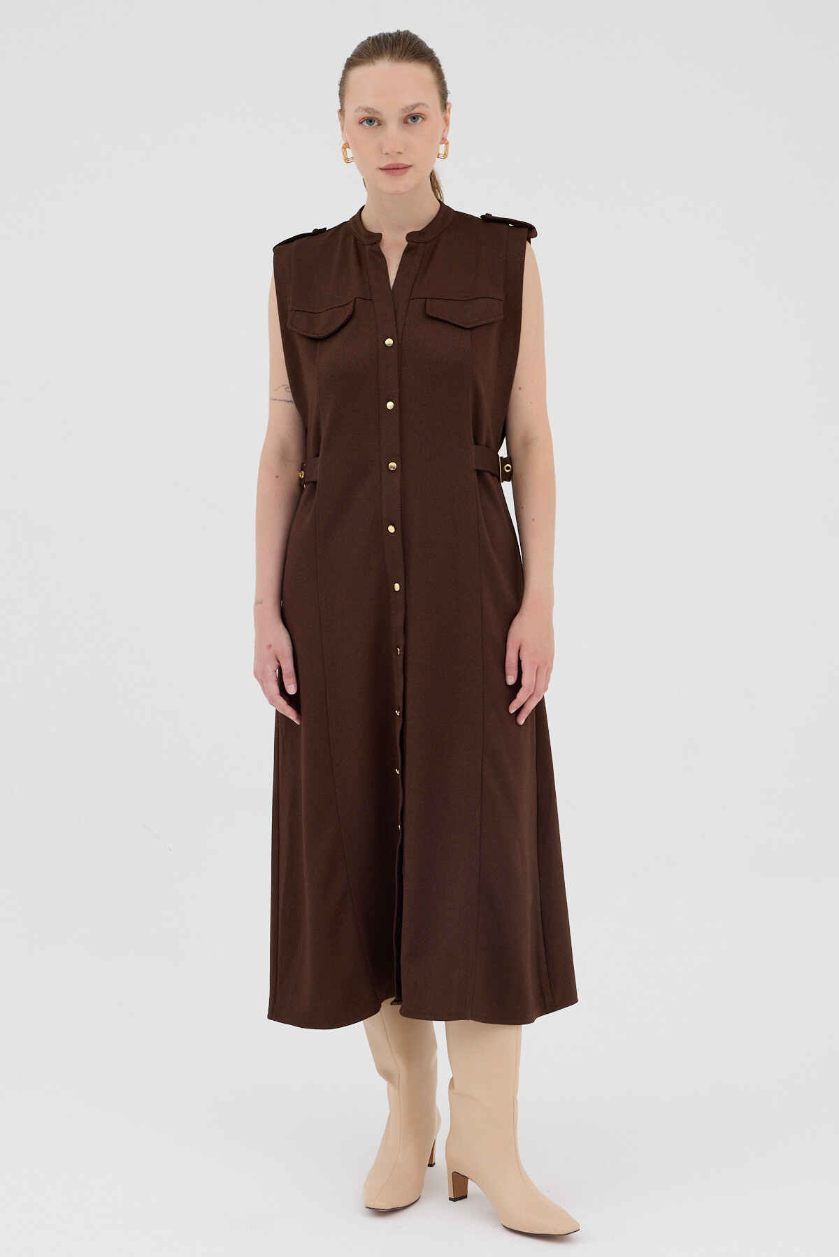 Kahve Gold Düğme Detaylı Midi Elbise 8125A - 2