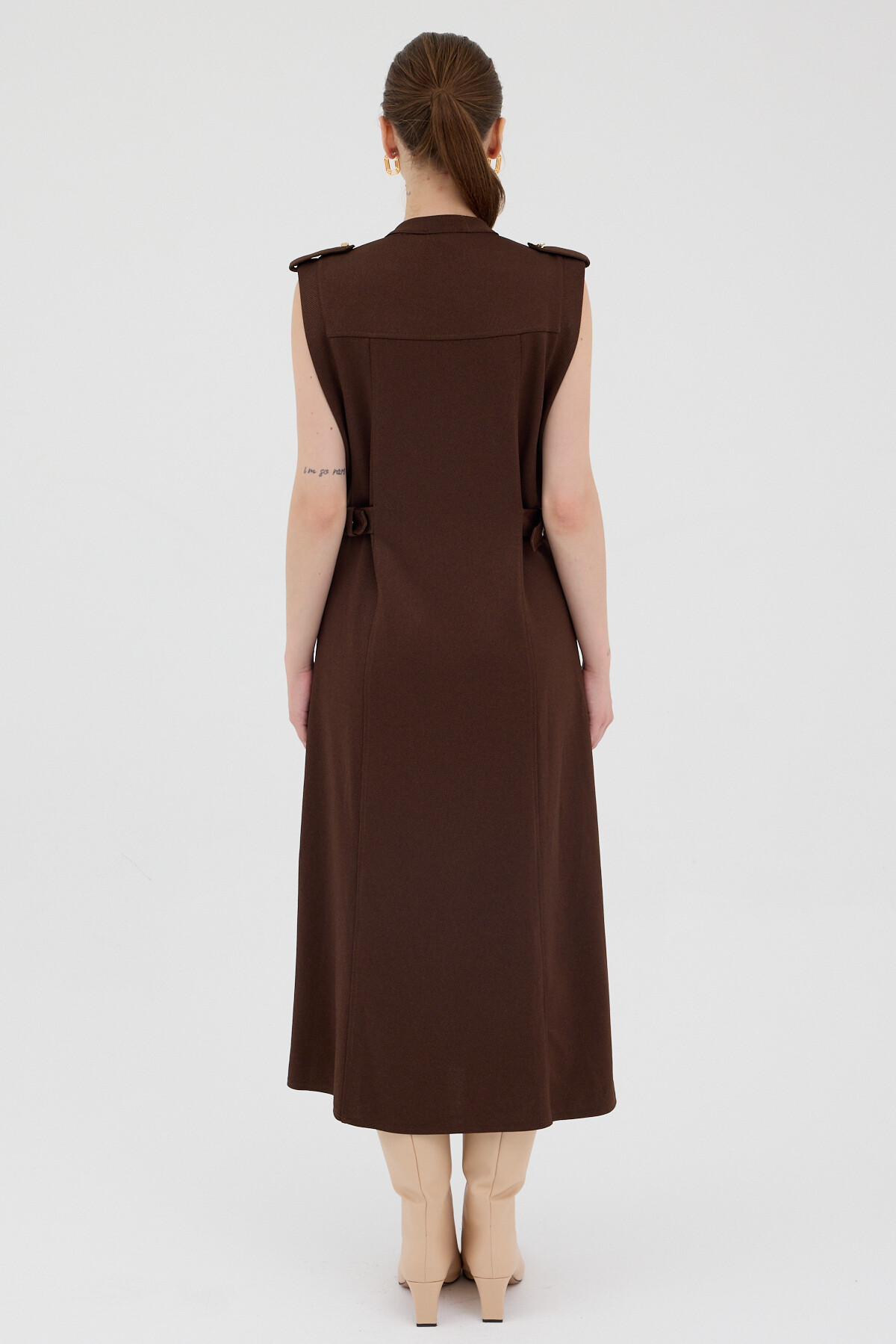 Kahve Gold Düğme Detaylı Midi Elbise 8125A - 5