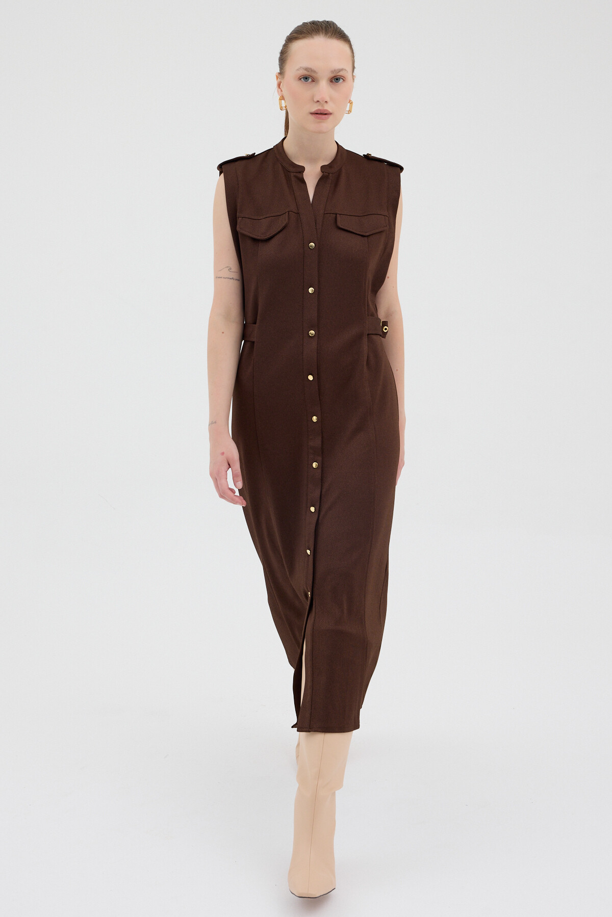 Kahve Gold Düğme Detaylı Midi Elbise 8125A - 6