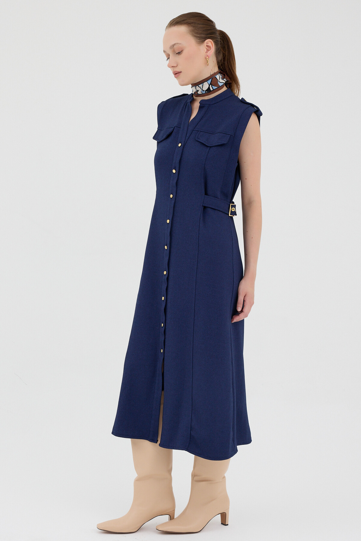 Laci Gold Düğme Detaylı Midi Elbise 8125A - 3