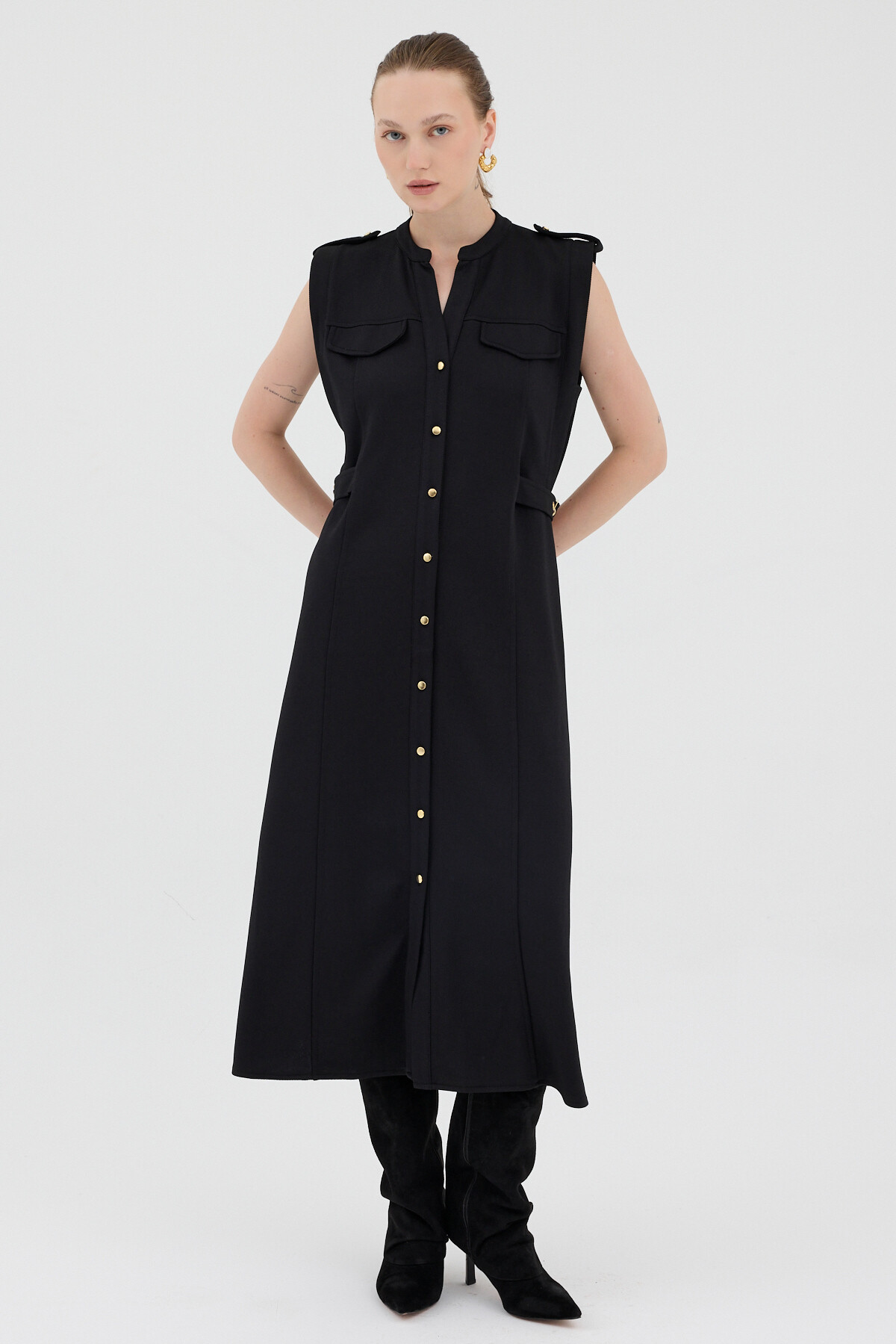 Siyah Gold Düğme Detaylı Midi Elbise 8125A - RAYS