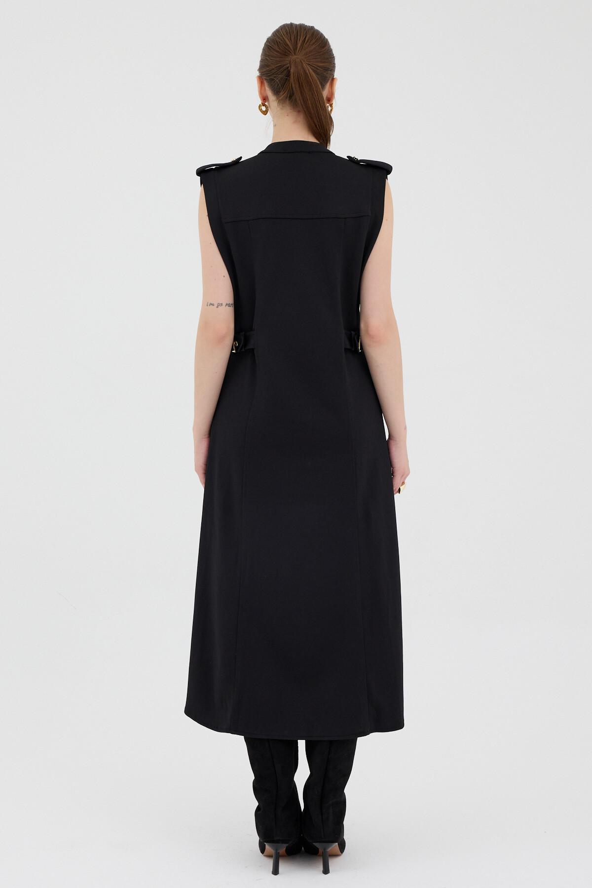 Siyah Gold Düğme Detaylı Midi Elbise 8125A - 5