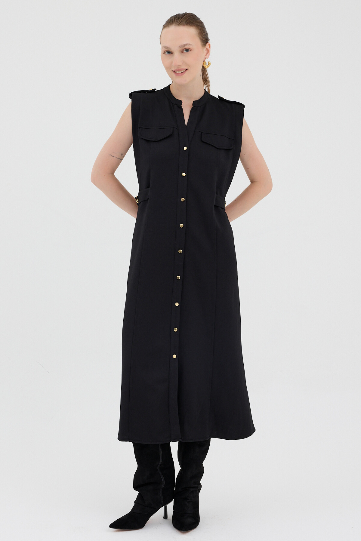 Siyah Gold Düğme Detaylı Midi Elbise 8125A - 7