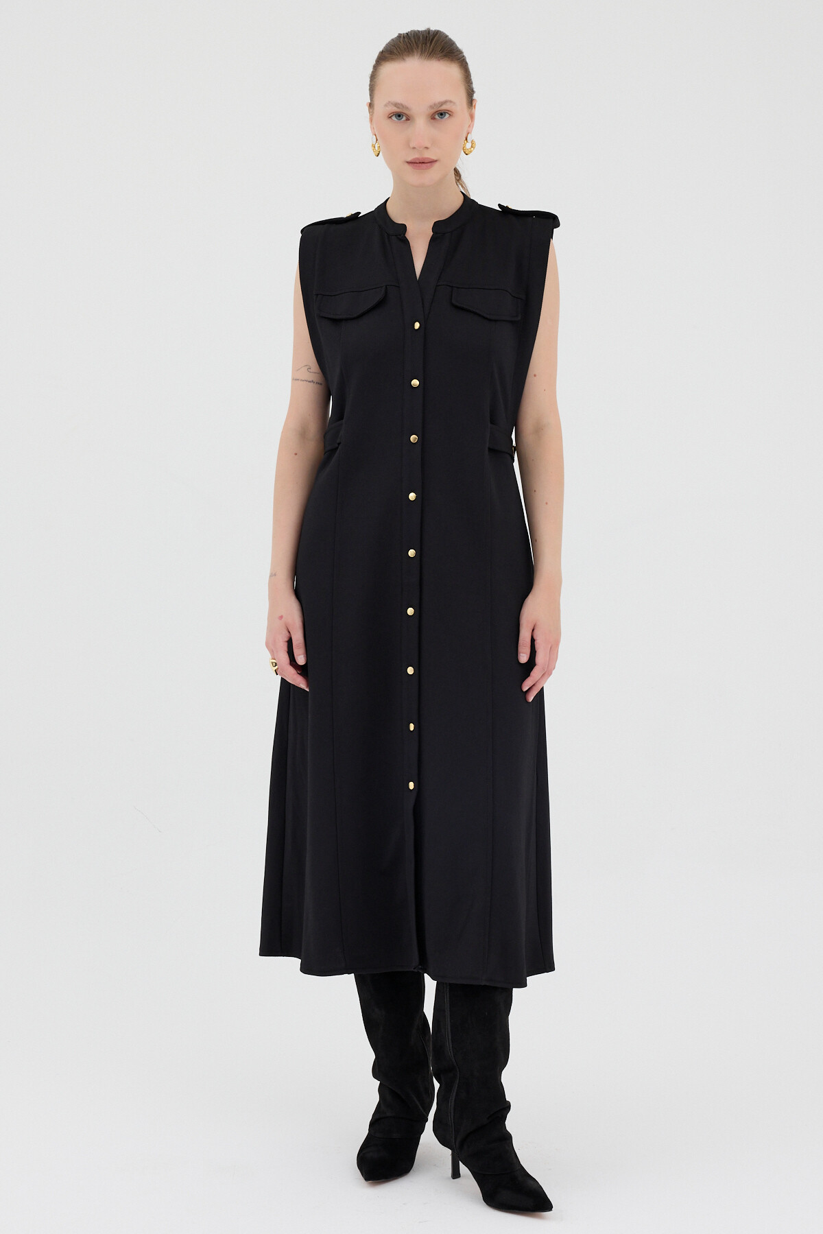 Siyah Gold Düğme Detaylı Midi Elbise 8125A - 2