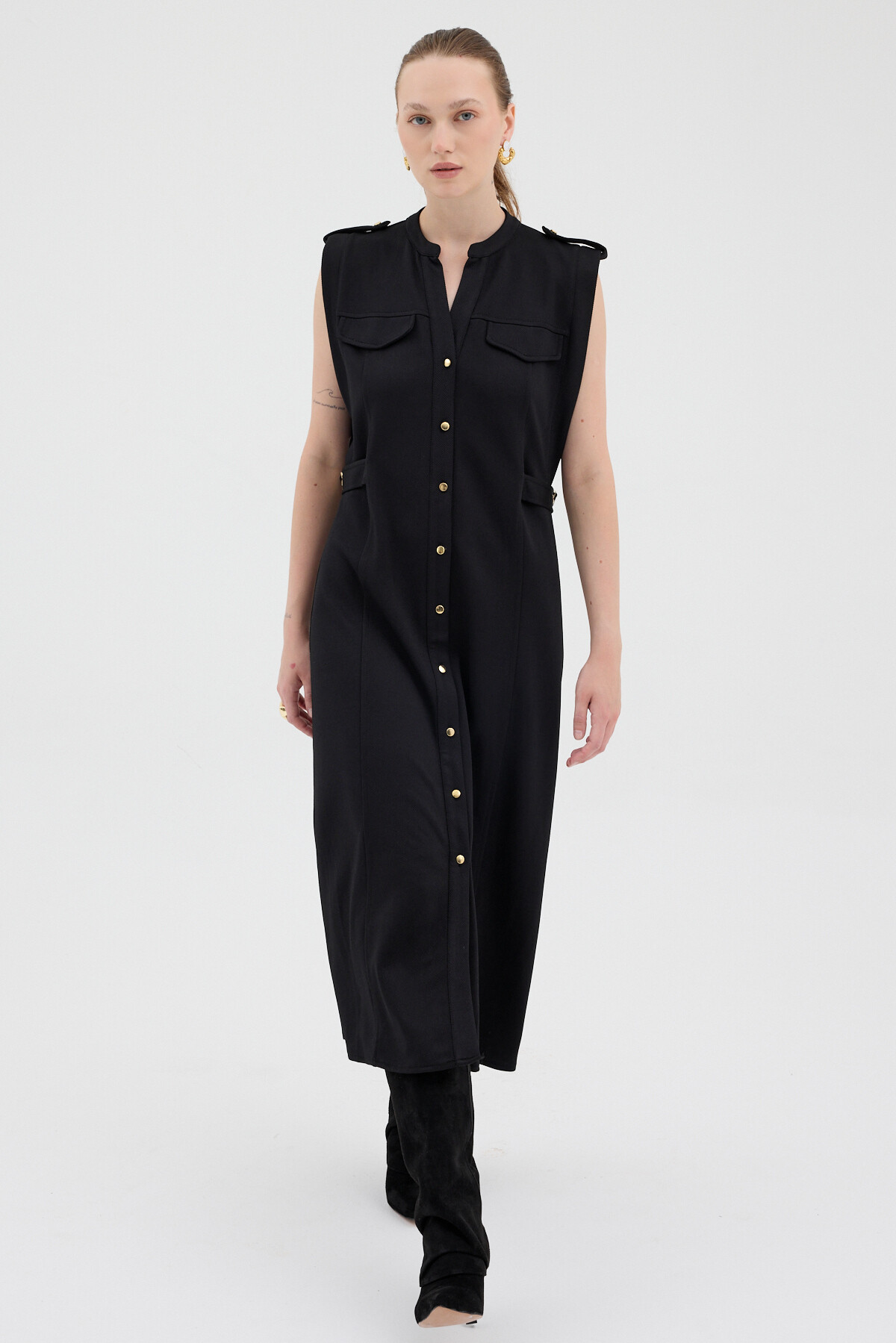 Siyah Gold Düğme Detaylı Midi Elbise 8125A - 6