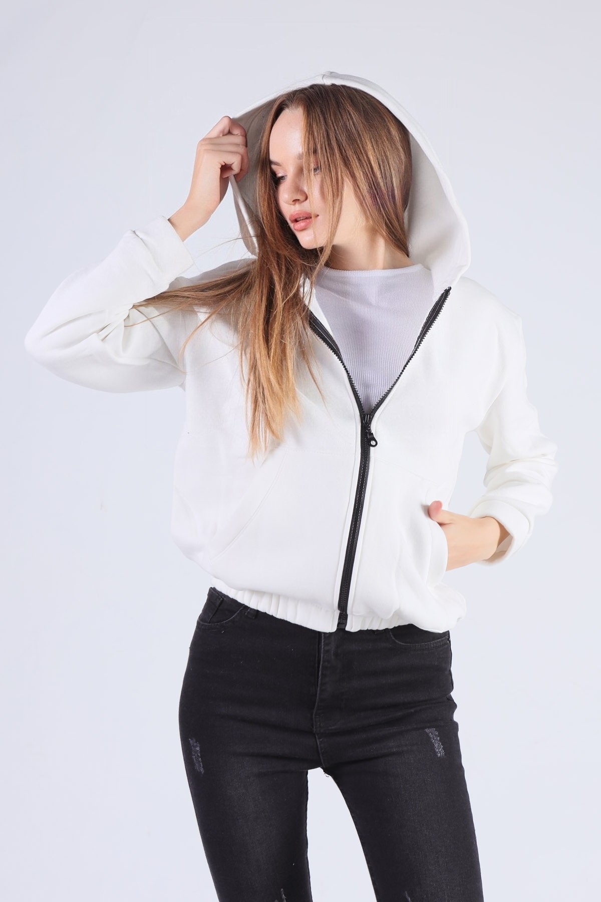 Ekru Oversize Fermuarlı Sweat 8125M - 2