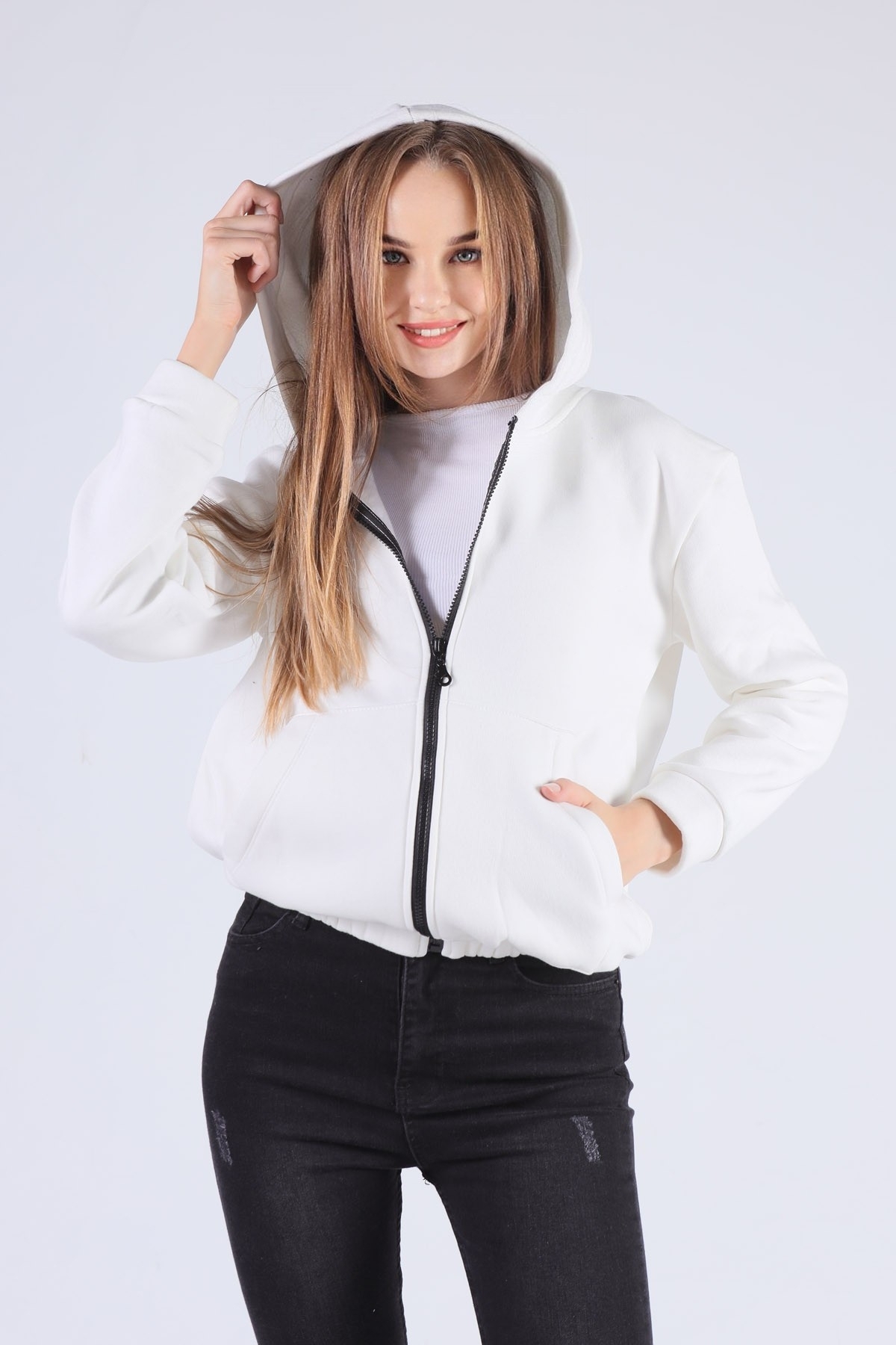 Ekru Oversize Fermuarlı Sweat 8125M - 1