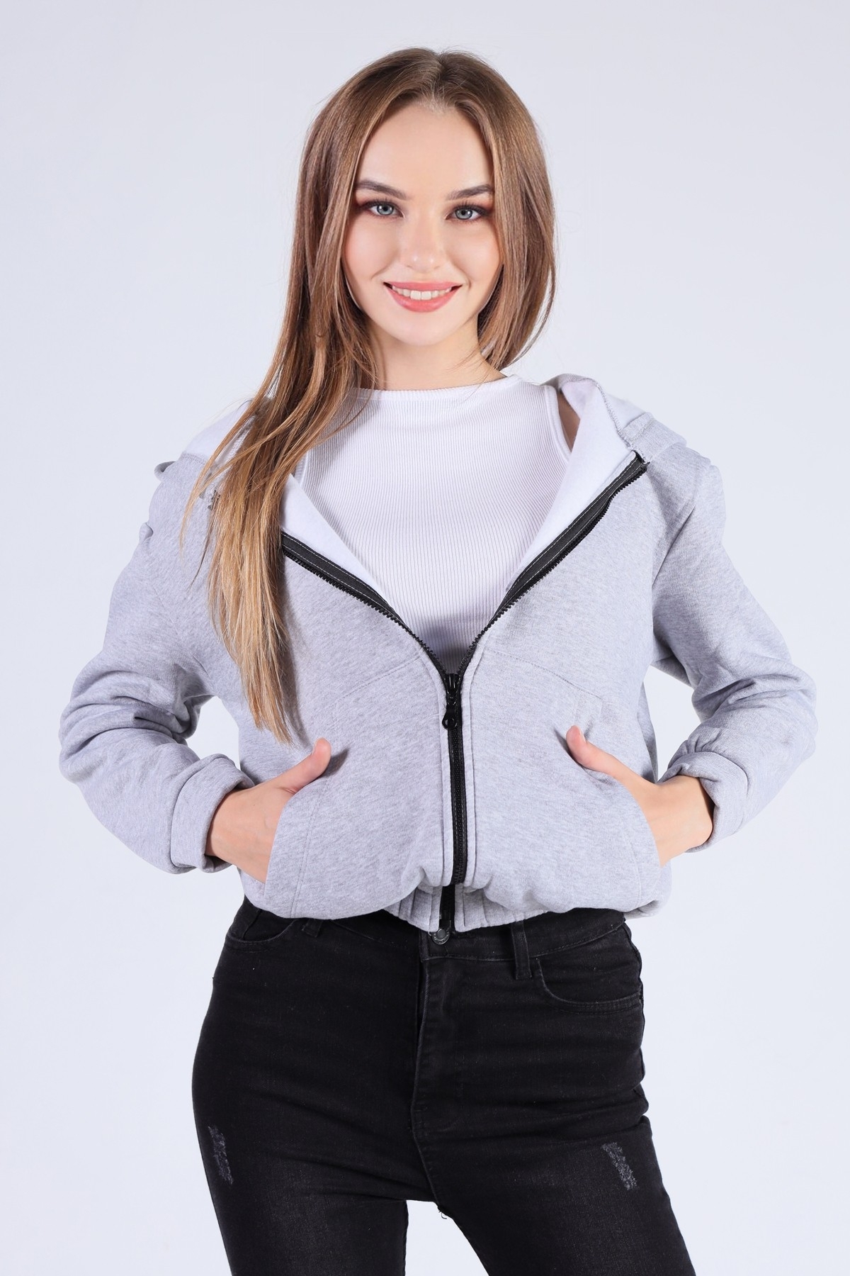 Gri Oversize Fermuarlı Sweat 8125M - 2