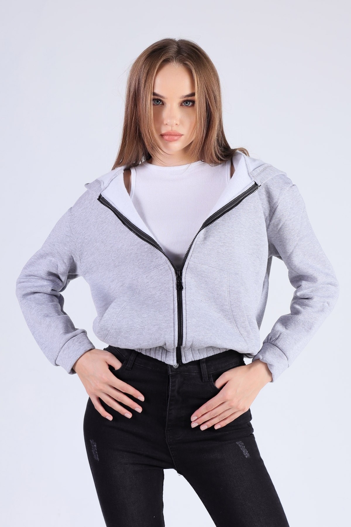 Gri Oversize Fermuarlı Sweat 8125M - 3