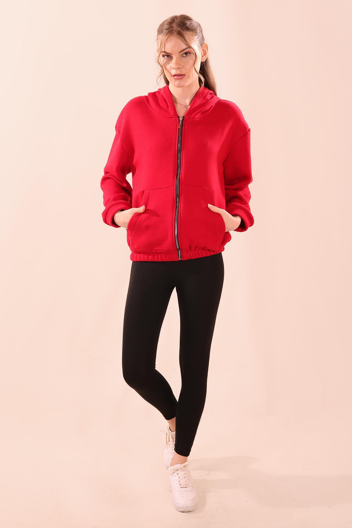 Kırmızı Oversize Fermuarlı Sweat 8125M 