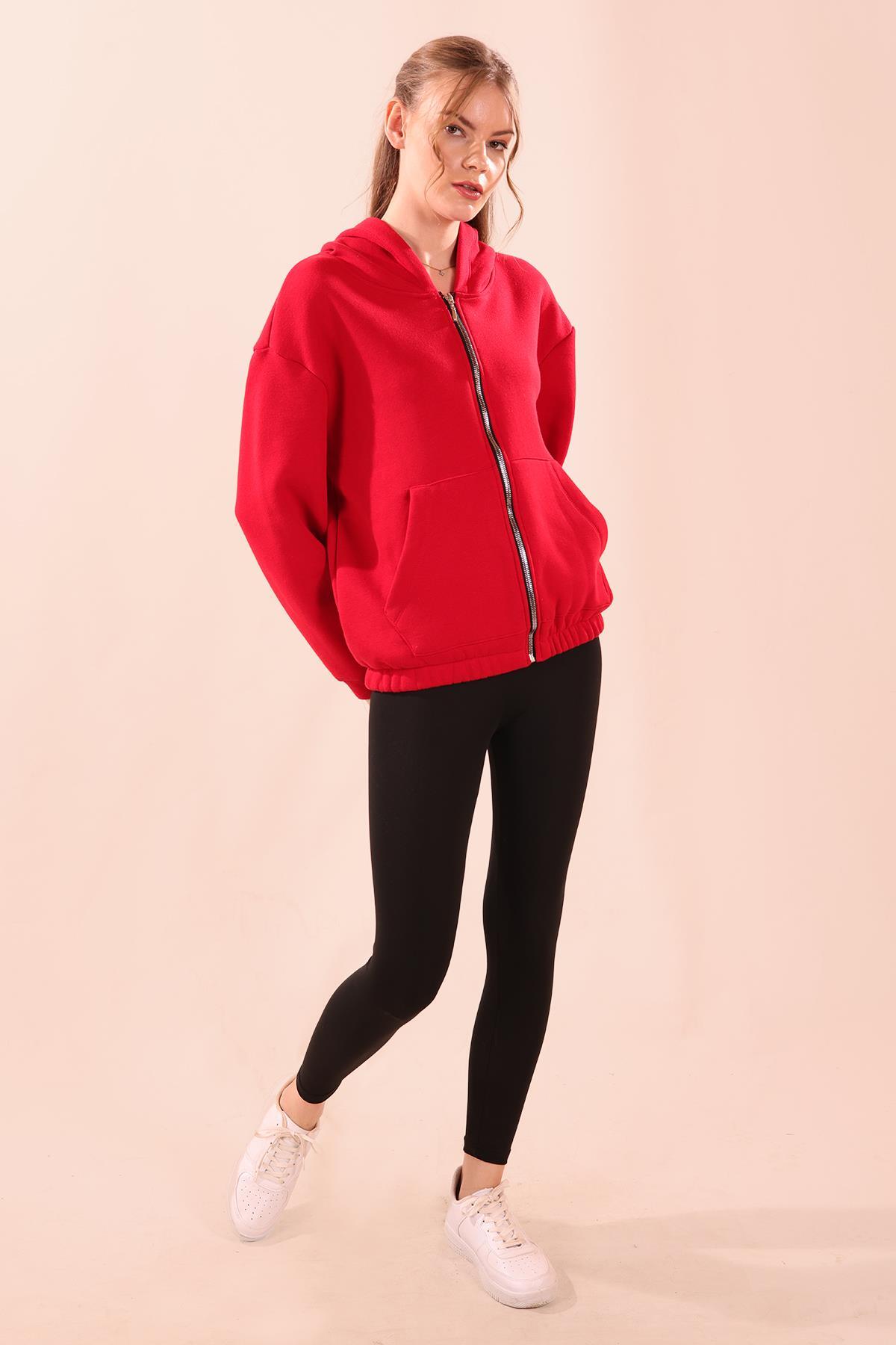 Kırmızı Oversize Fermuarlı Sweat 8125M - 3
