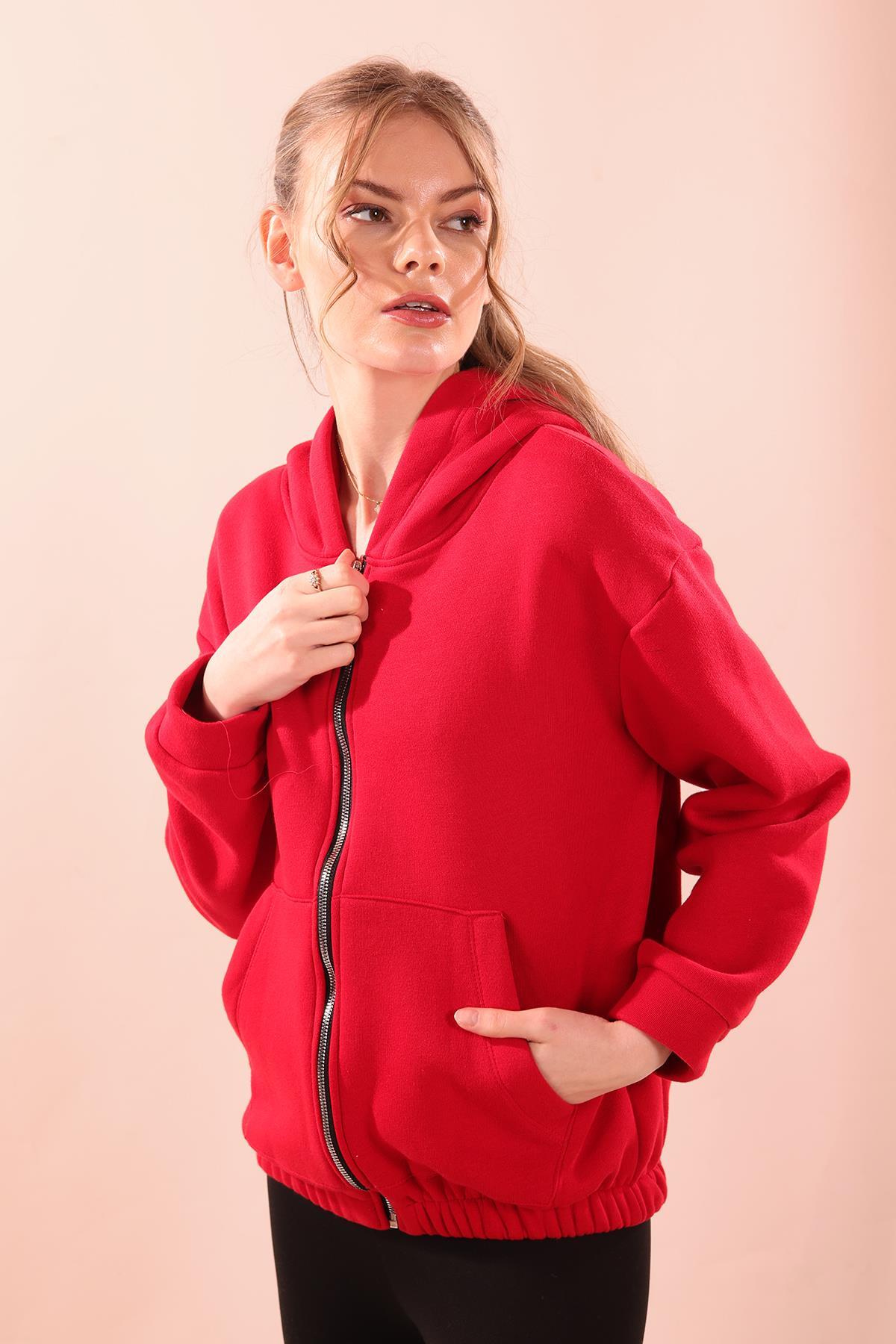 Kırmızı Oversize Fermuarlı Sweat 8125M - 4