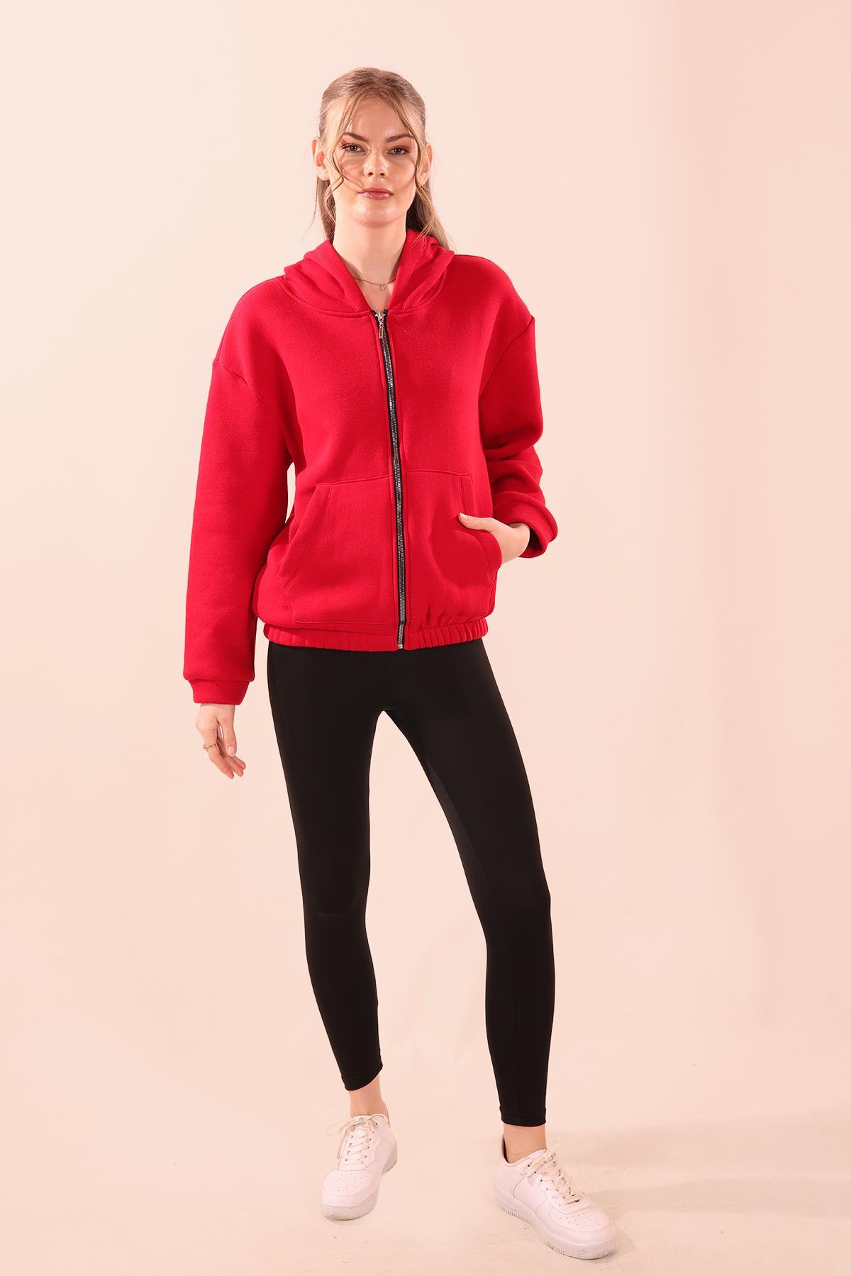 Kırmızı Oversize Fermuarlı Sweat 8125M - 2