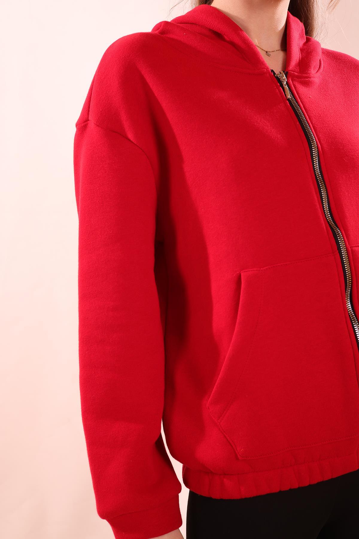 Kırmızı Oversize Fermuarlı Sweat 8125M - 5