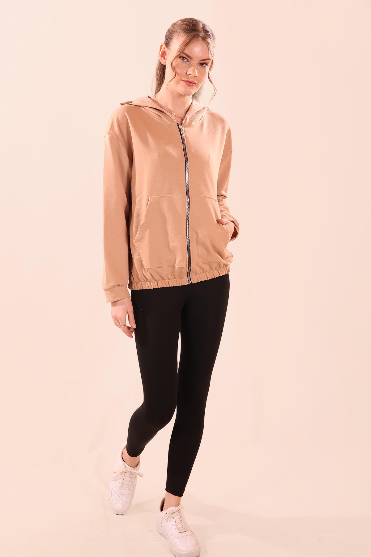 Bej Oversize Fermuarlı Sweat 8126M 