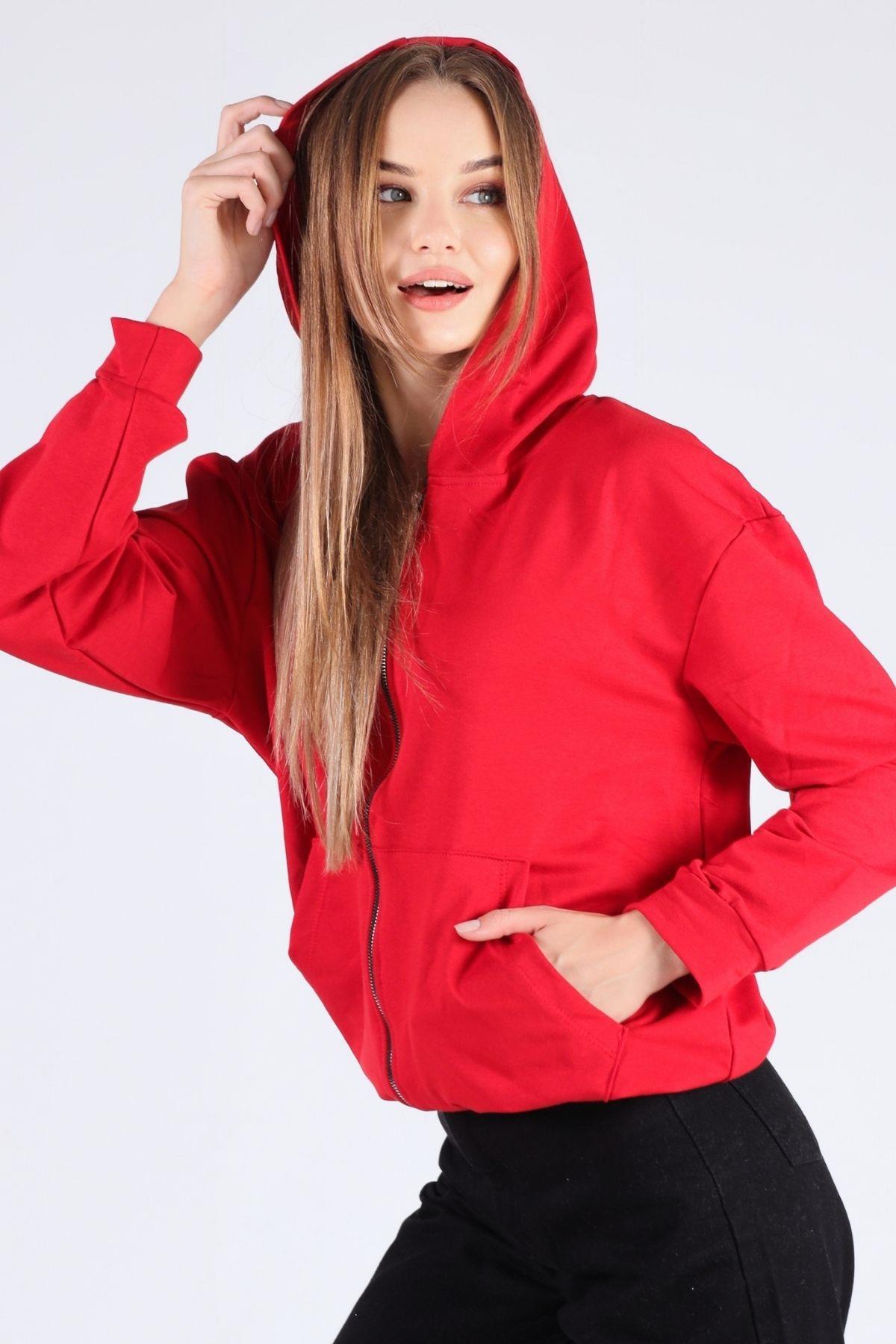 Kırmızı Oversize Fermuarlı Sweat 8126M - 4