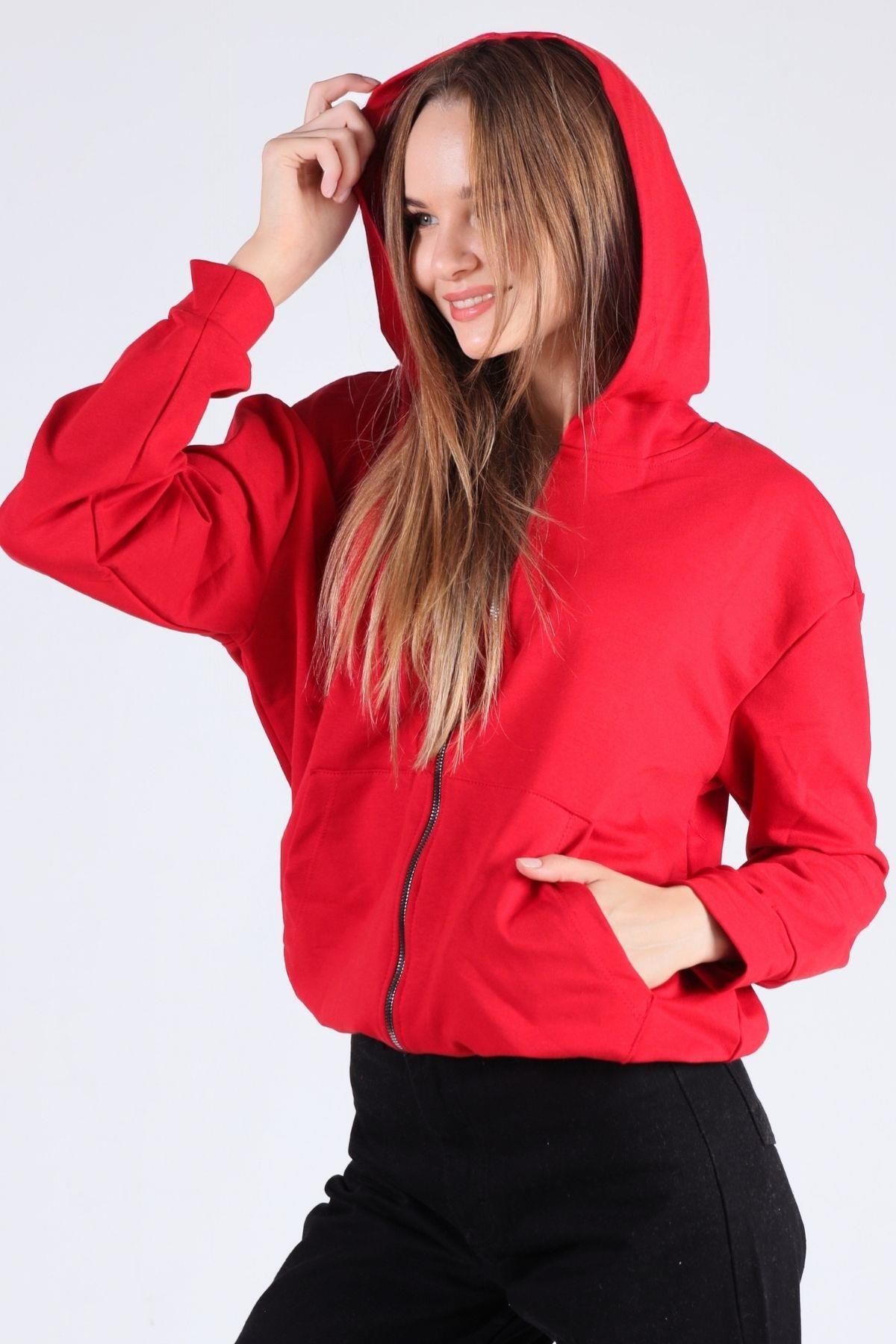 Kırmızı Oversize Fermuarlı Sweat 8126M - 1