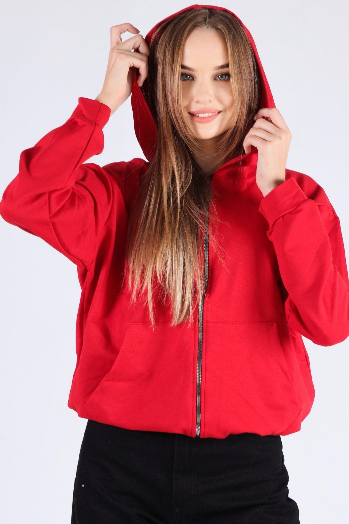 Kırmızı Oversize Fermuarlı Sweat 8126M - 2