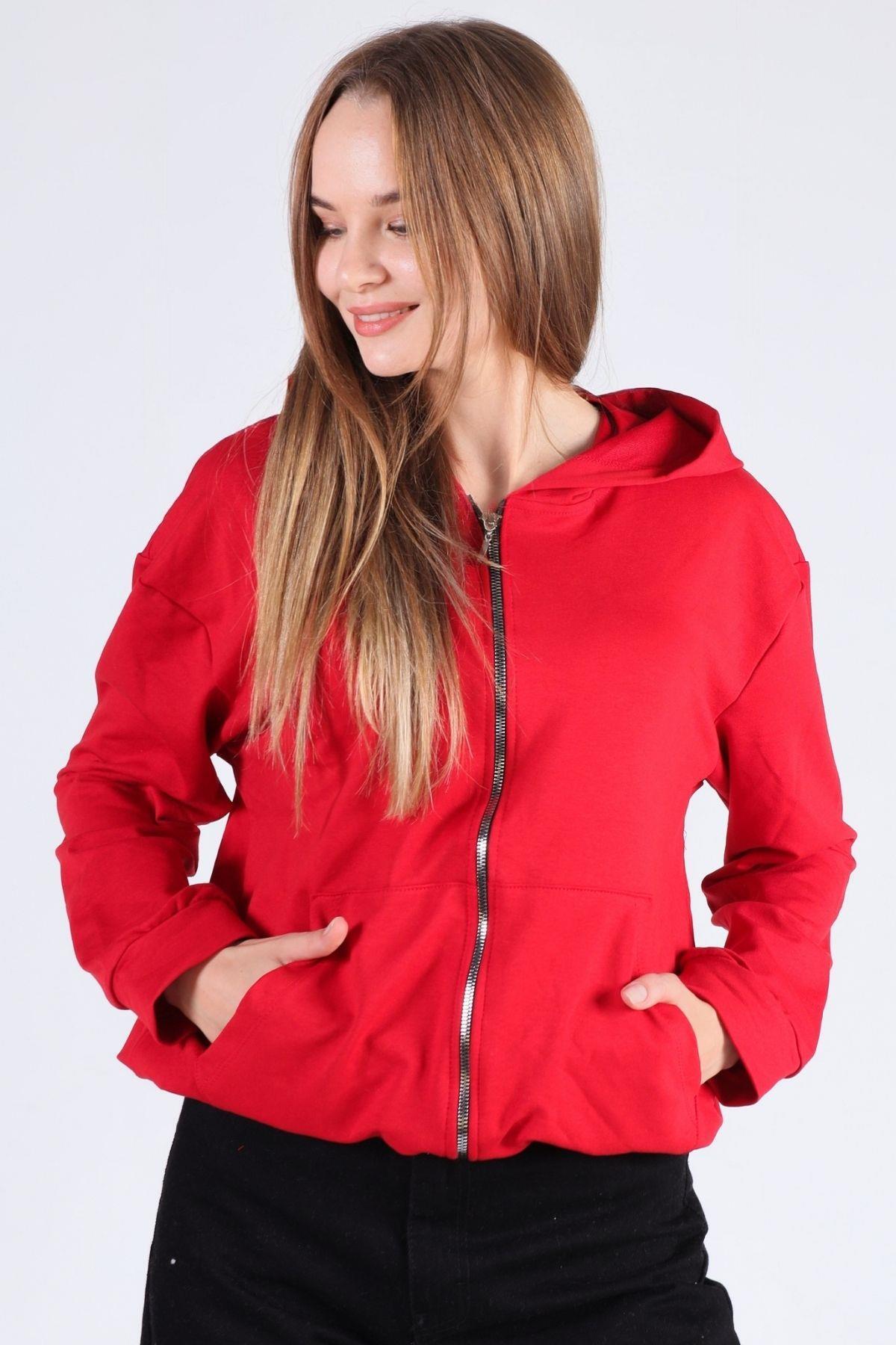 Kırmızı Oversize Fermuarlı Sweat 8126M - 3