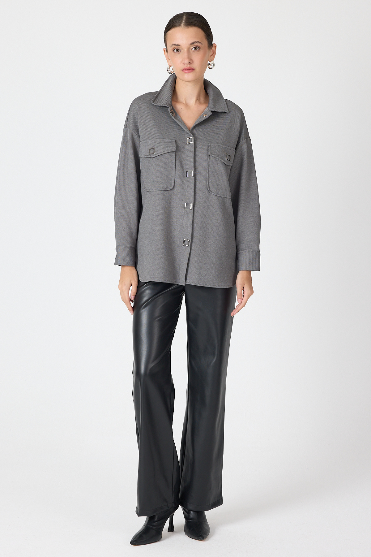 Antrasit Oversize Cepli Kadın Gömlek Ceket 8130A - 3