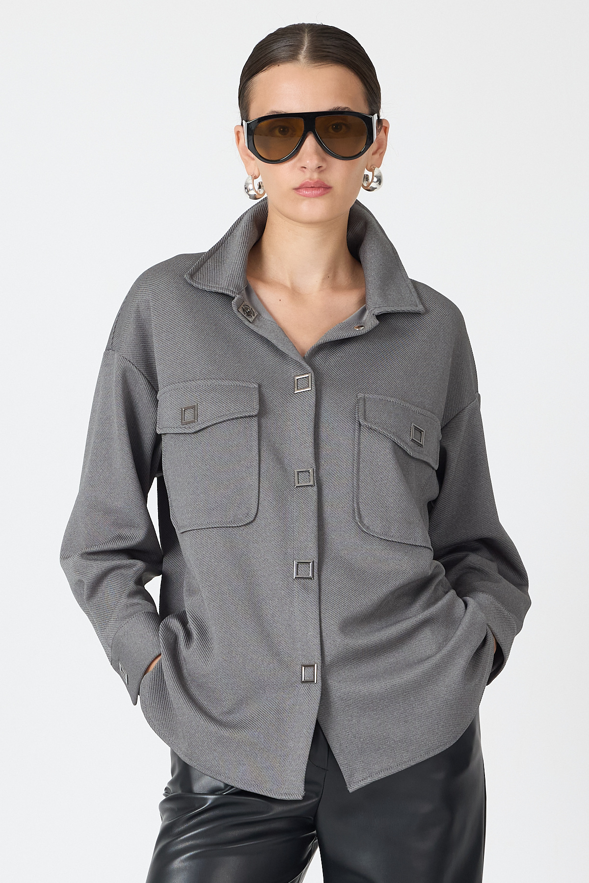 Antrasit Oversize Cepli Kadın Gömlek Ceket 8130A 