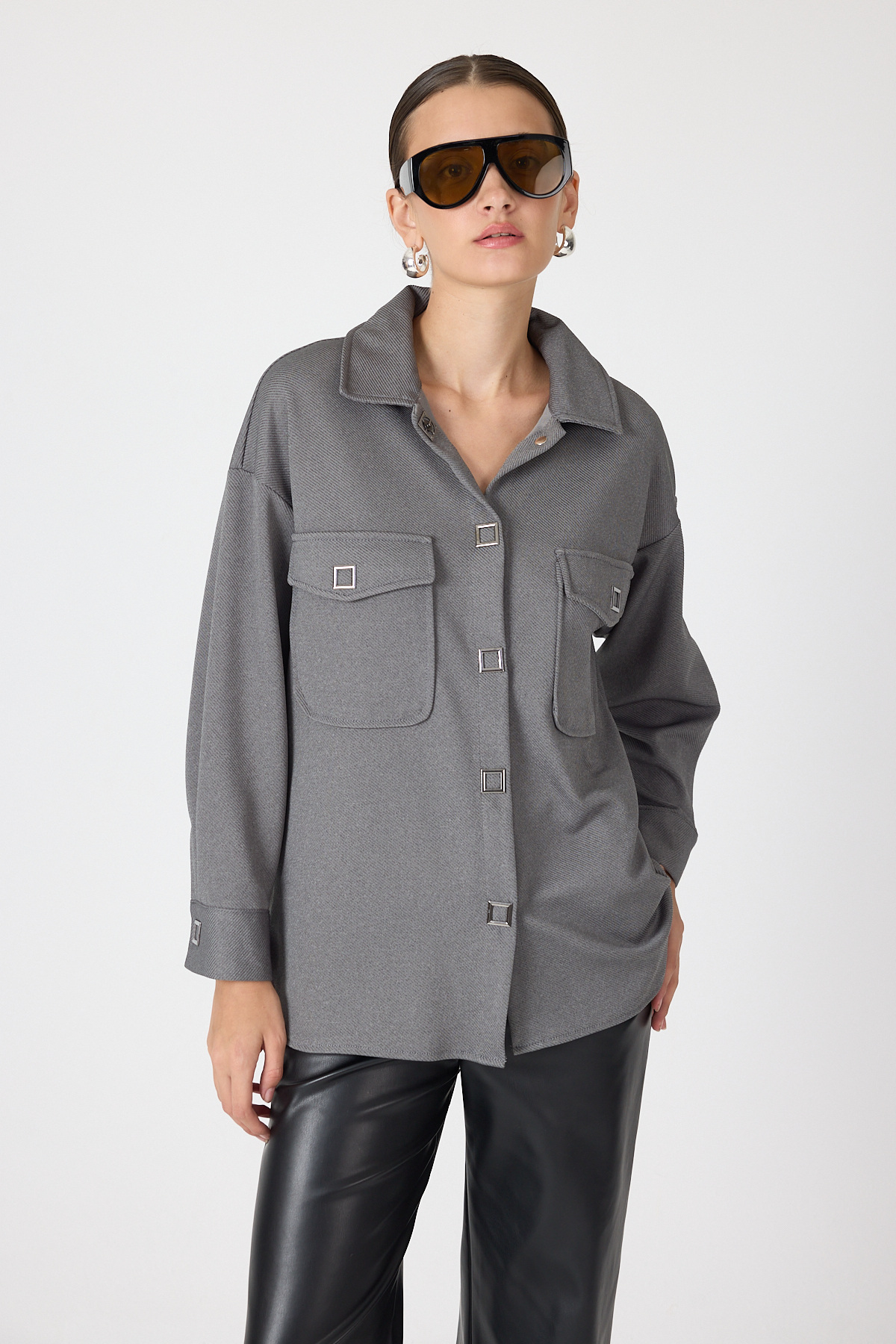 Antrasit Oversize Cepli Kadın Gömlek Ceket 8130A - 2