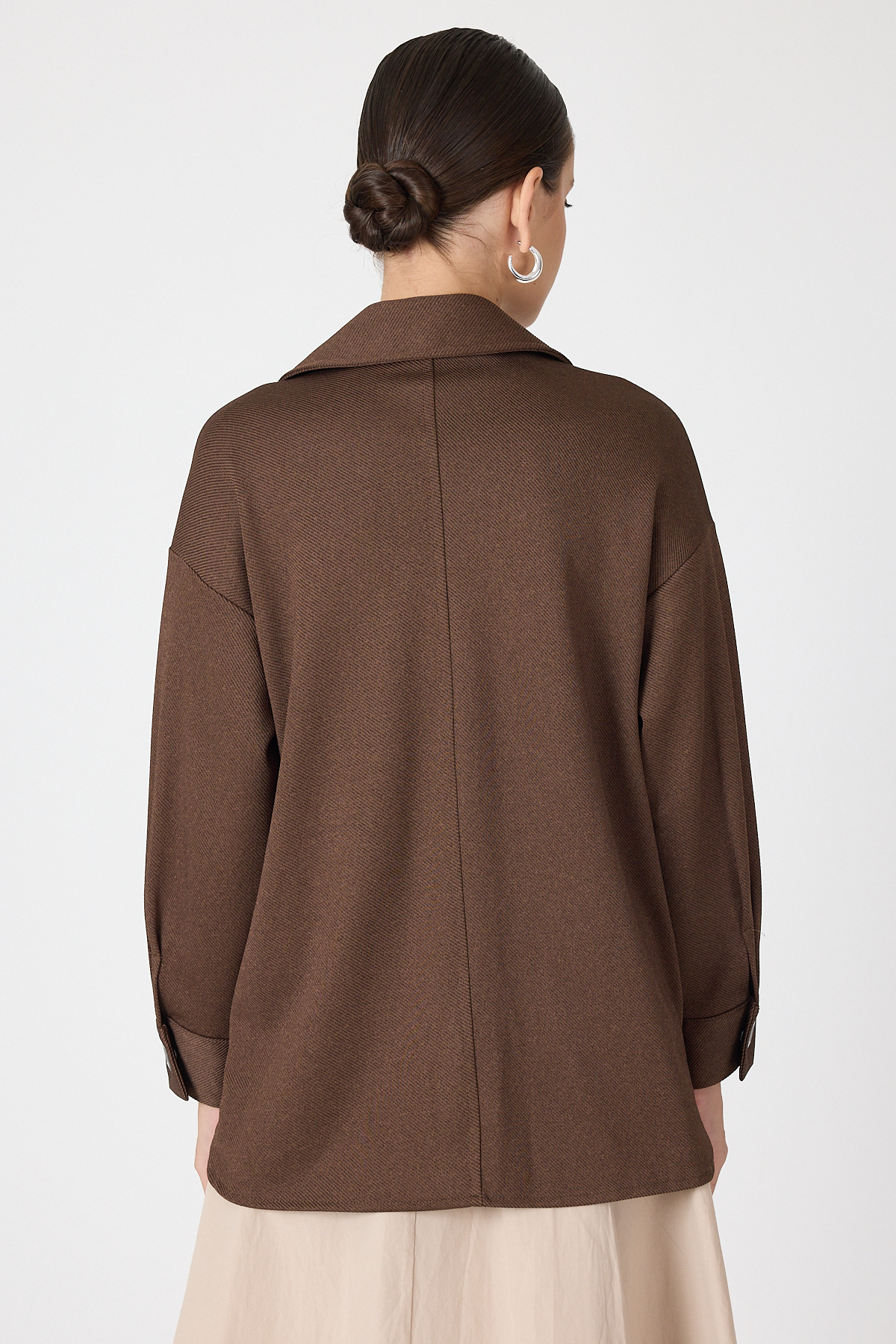 Kahve Oversize Cepli Kadın Gömlek Ceket 8130A - 5