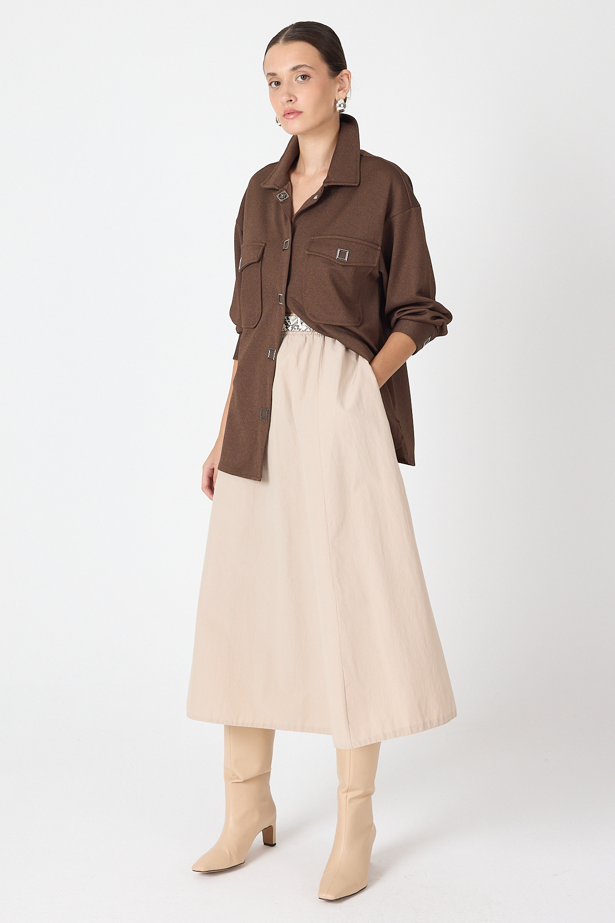 Kahve Oversize Cepli Kadın Gömlek Ceket 8130A - 3