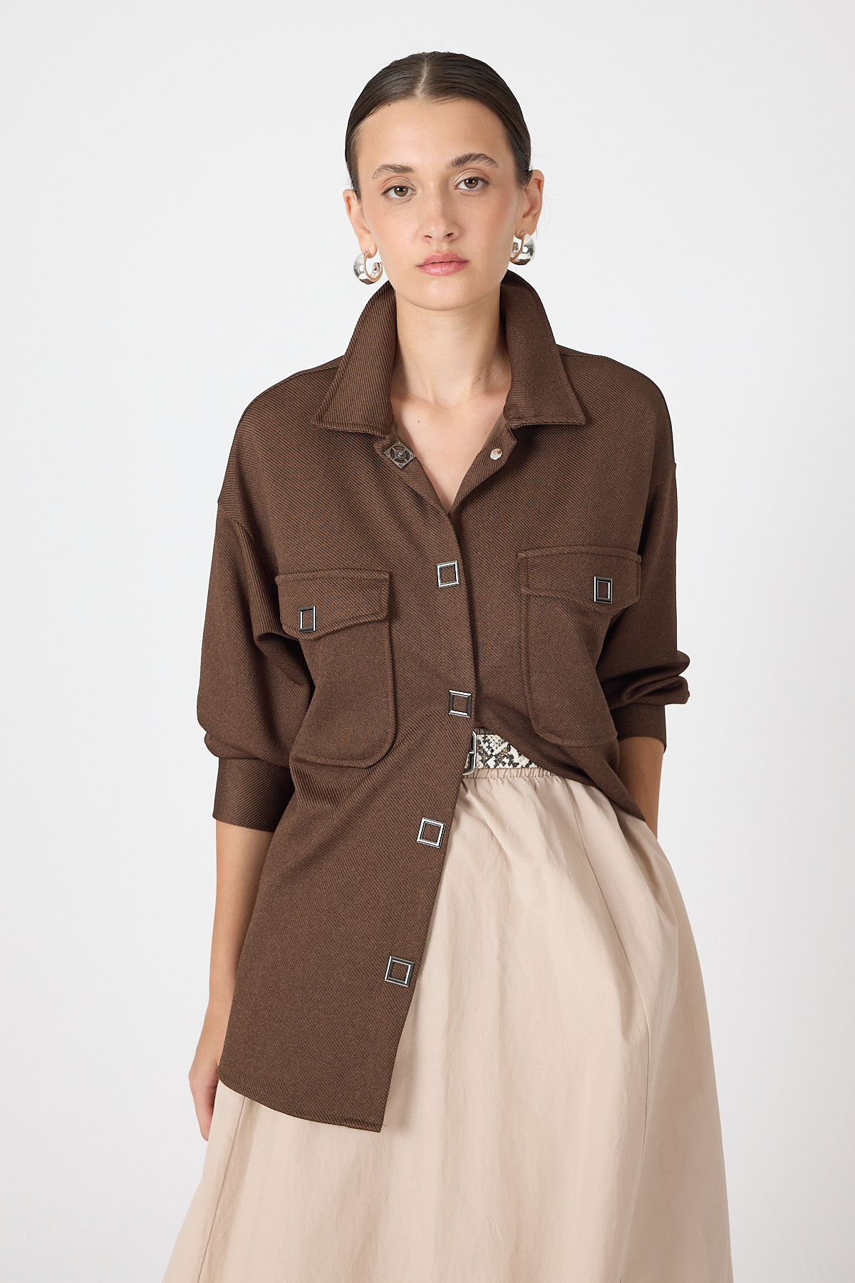 Kahve Oversize Cepli Kadın Gömlek Ceket 8130A - 1