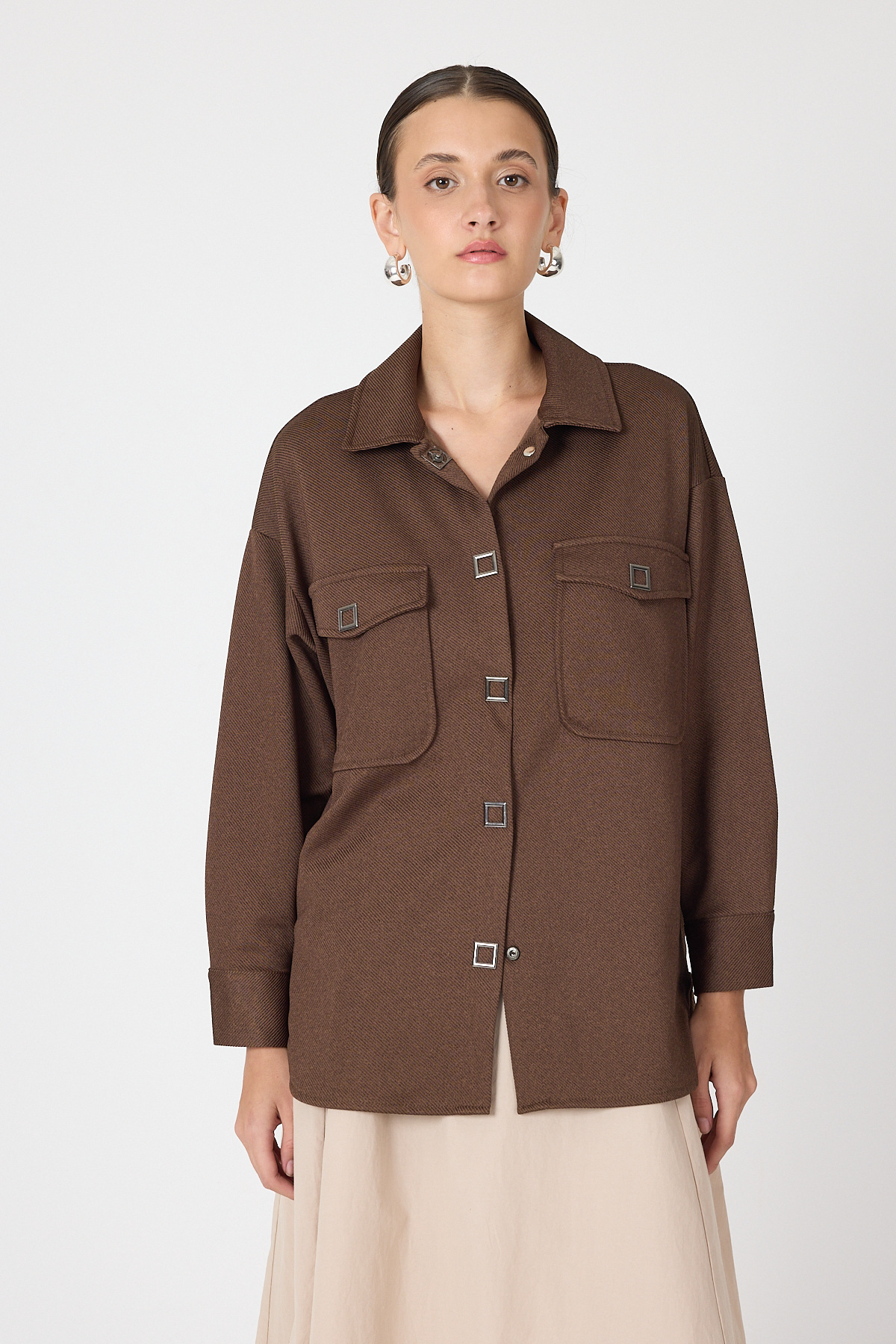 Kahve Oversize Cepli Kadın Gömlek Ceket 8130A - 2