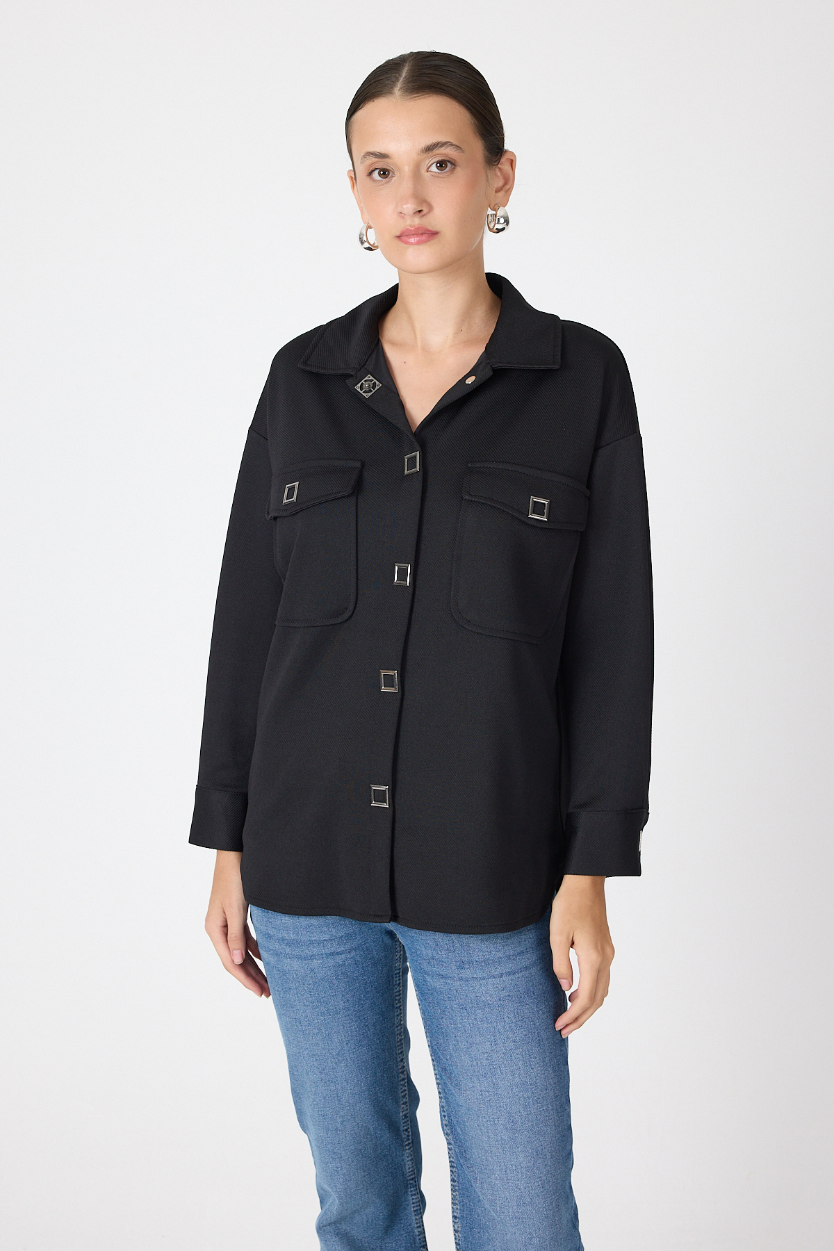 Siyah Oversize Cepli Kadın Gömlek Ceket 8130A - 2