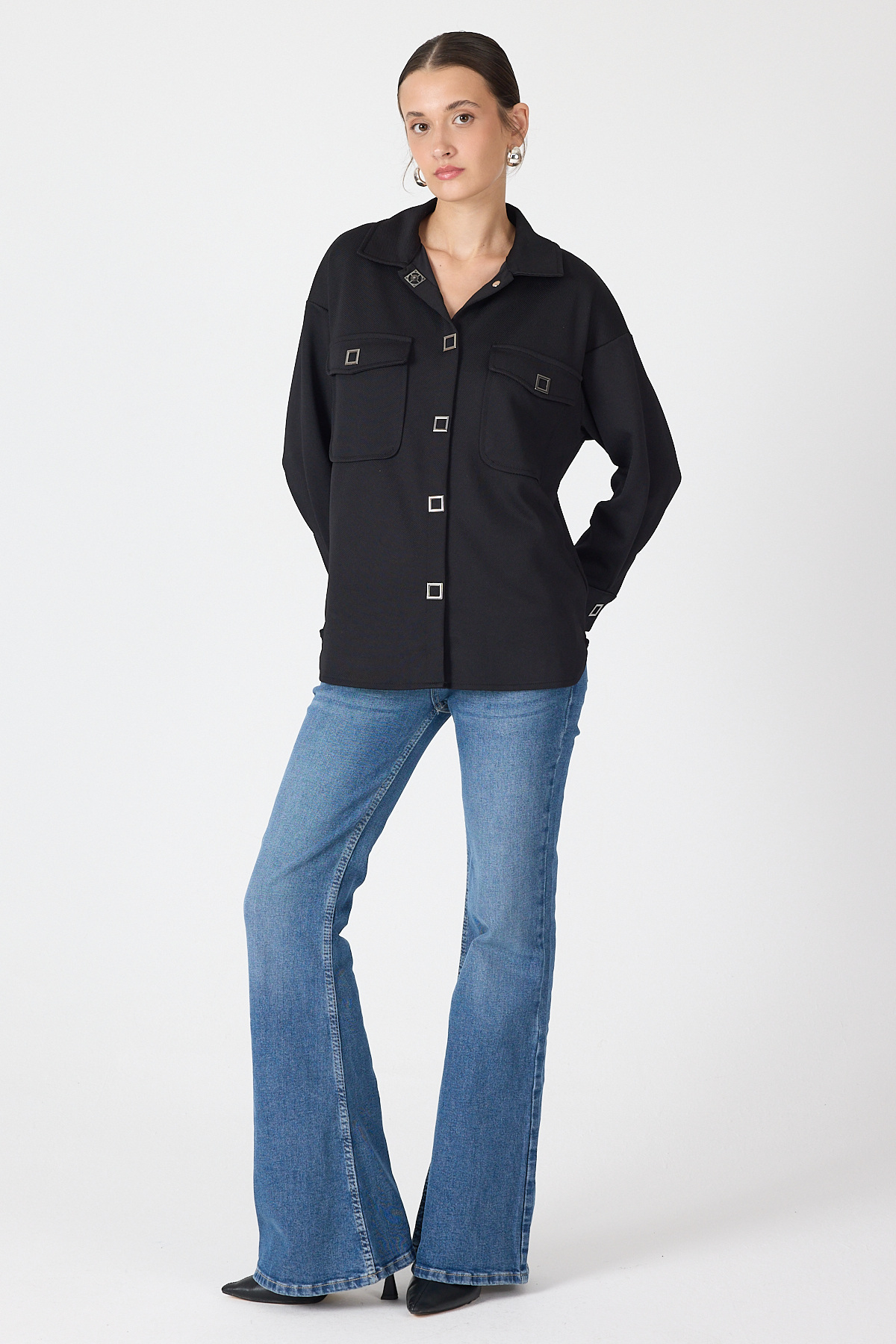 Siyah Oversize Cepli Kadın Gömlek Ceket 8130A - 3