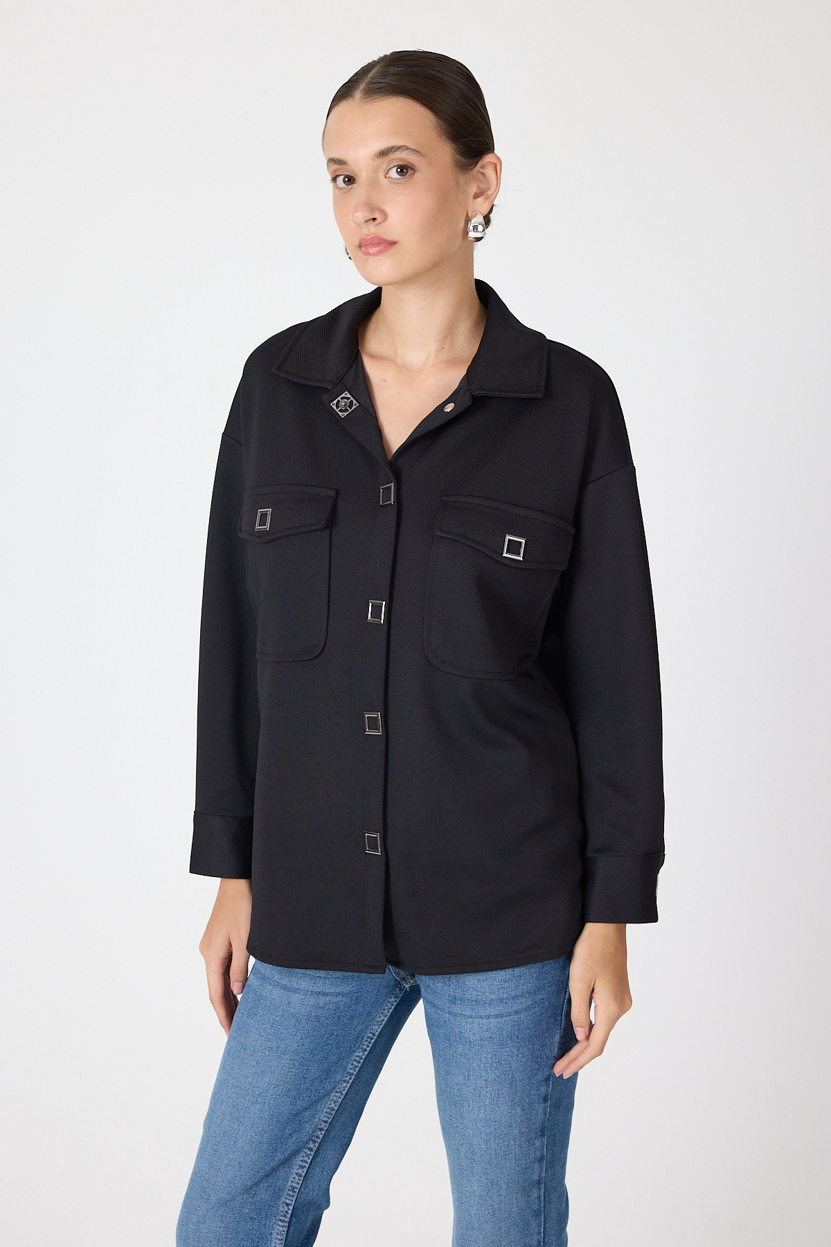 Siyah Oversize Cepli Kadın Gömlek Ceket 8130A 