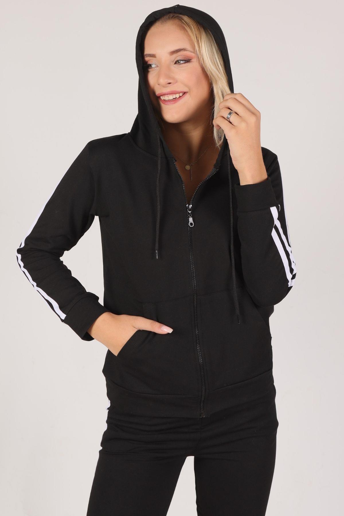 Siyah Fermuarlı Kapüşonlu Eşofman Takımı 8130M - 1