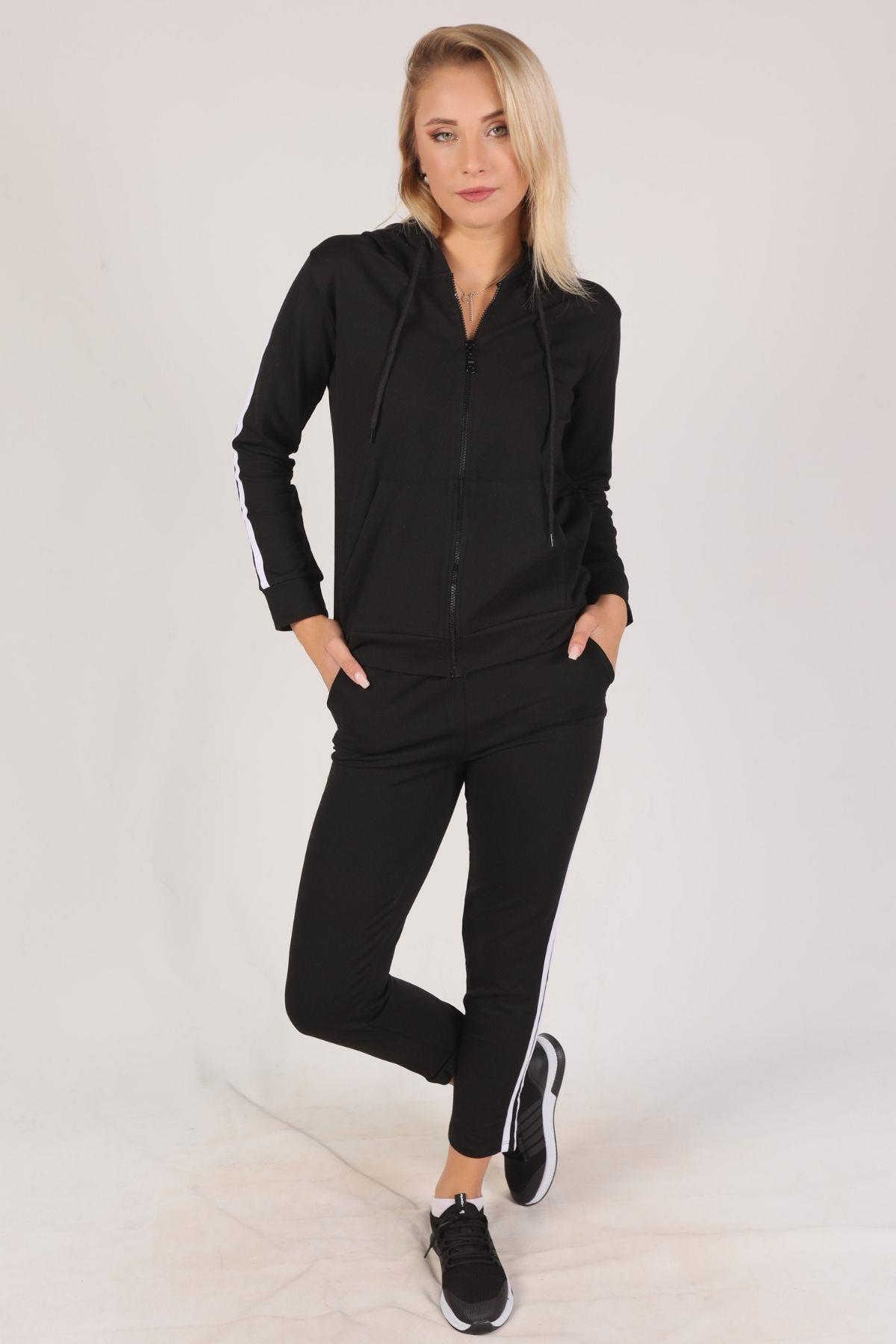 Siyah Fermuarlı Kapüşonlu Eşofman Takımı 8130M - 2