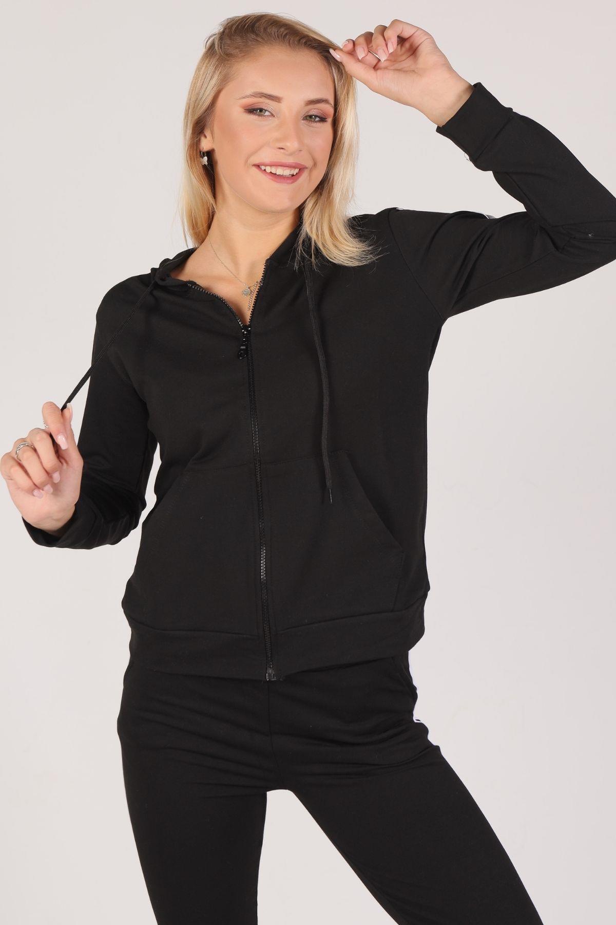 Siyah Fermuarlı Kapüşonlu Eşofman Takımı 8130M - 3