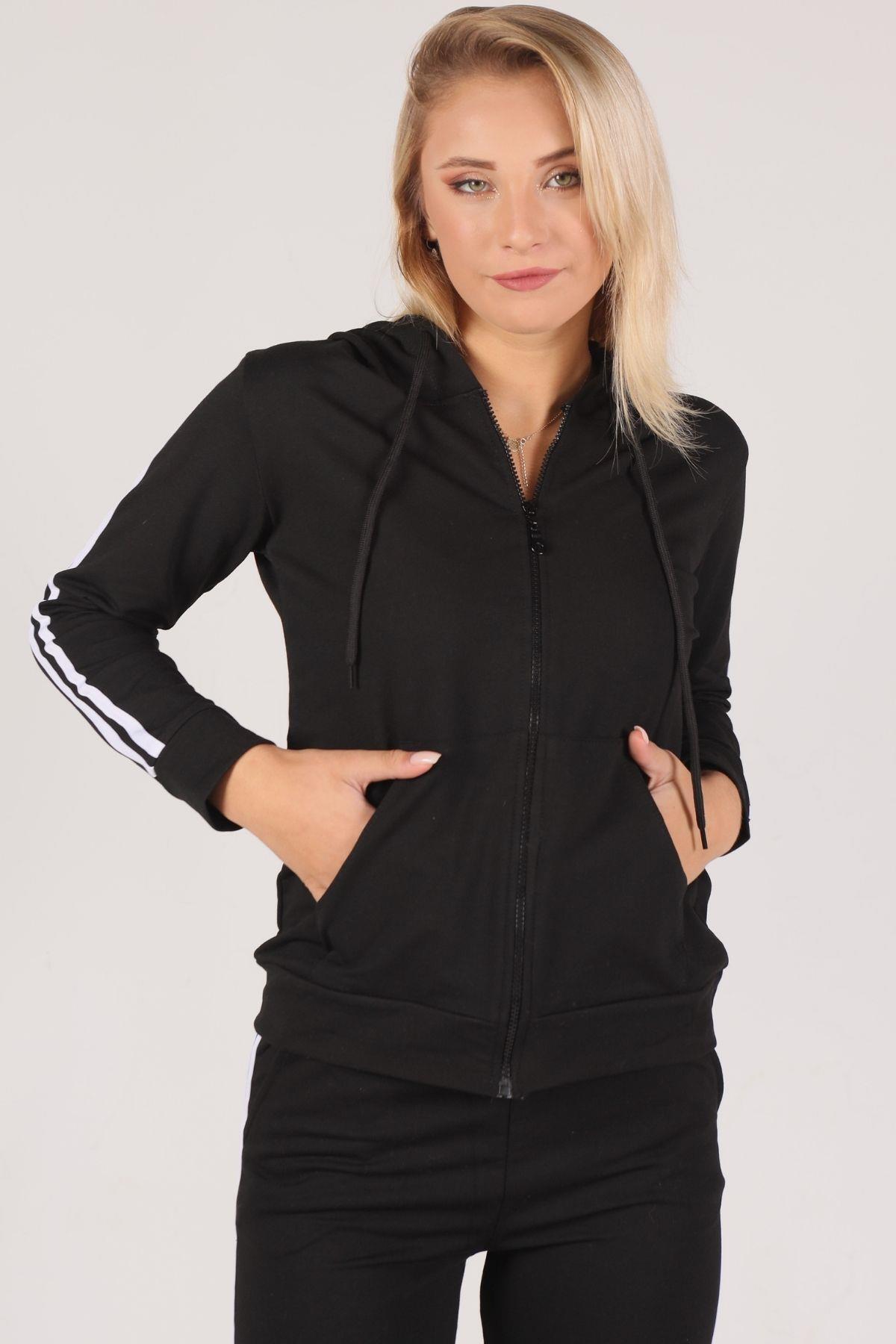 Siyah Fermuarlı Kapüşonlu Eşofman Takımı 8130M - 4