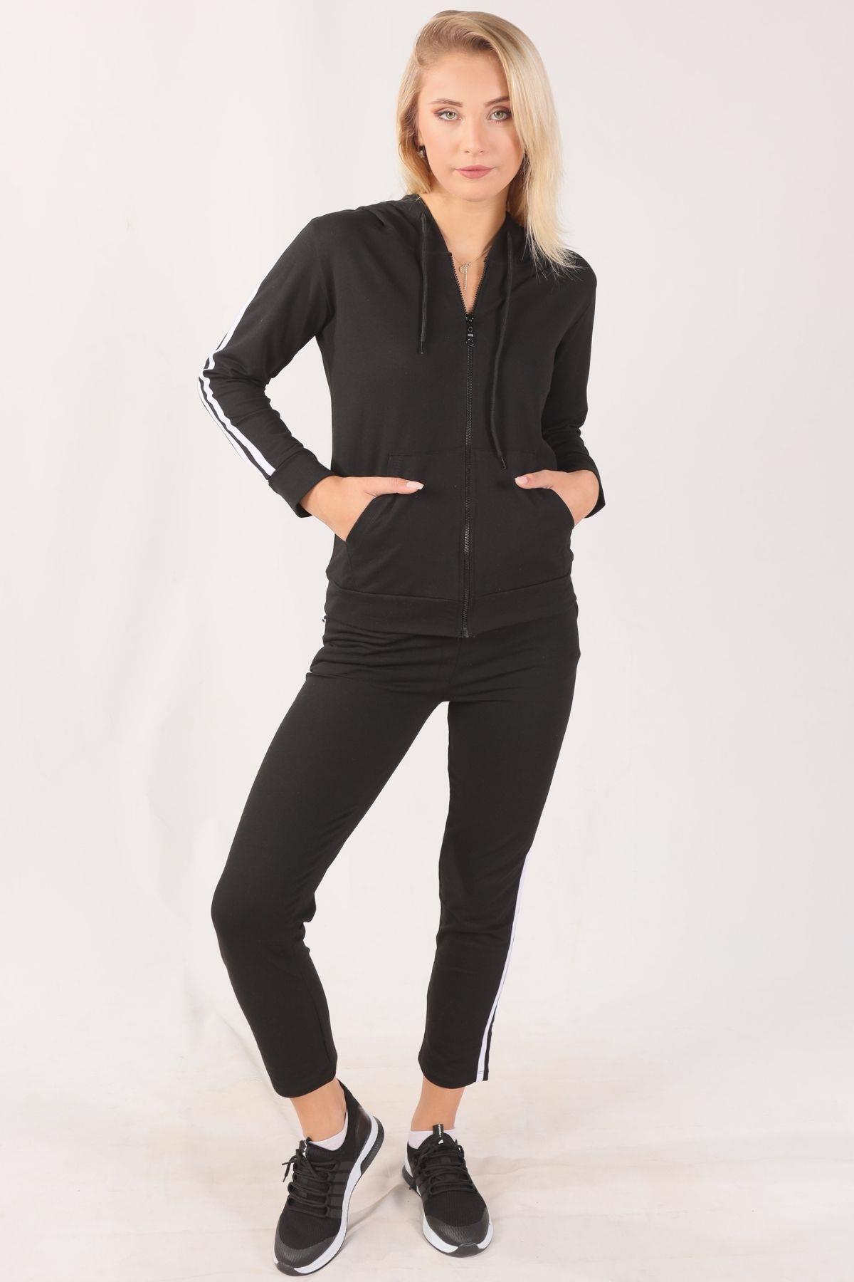 Siyah Fermuarlı Kapüşonlu Eşofman Takımı 8130M - 5