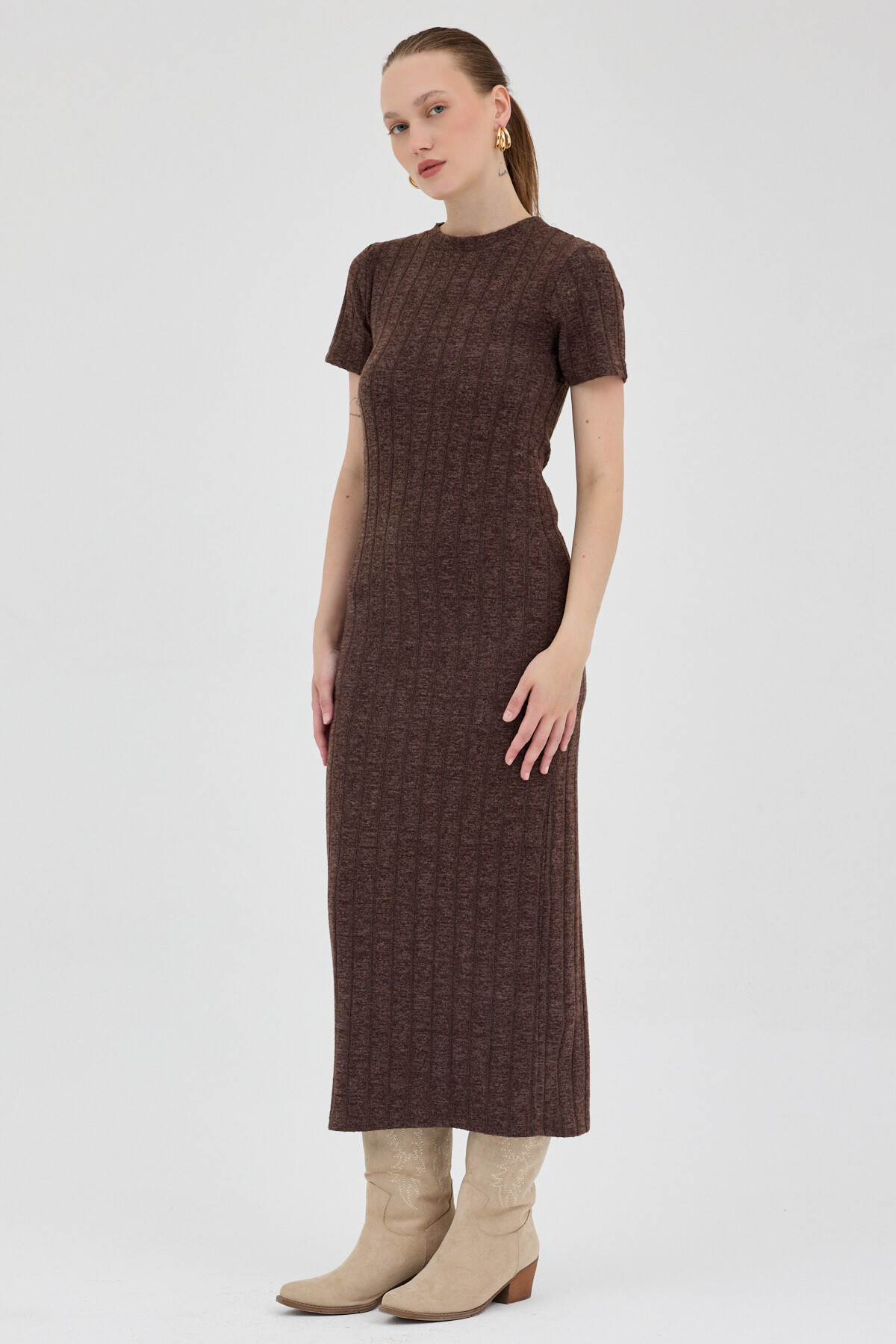 Acı Kahve Fitilli Midi Triko Elbise 8131A - RAYS