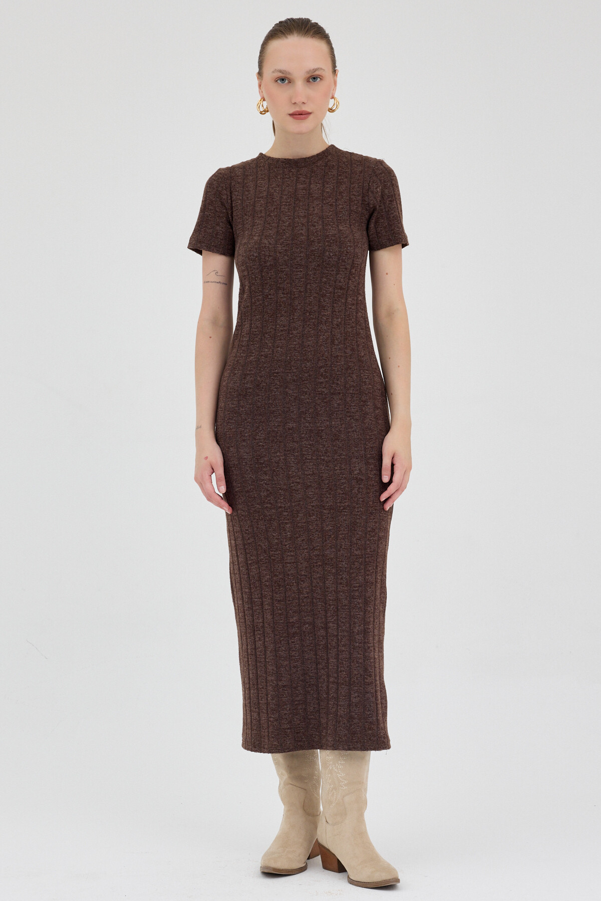Acı Kahve Fitilli Midi Triko Elbise 8131A - RAYS