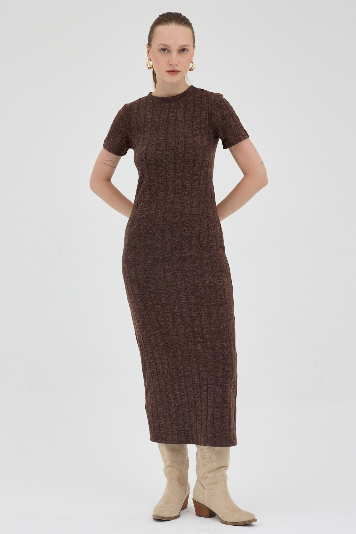 Acı Kahve Fitilli Midi Triko Elbise 8131A - RAYS