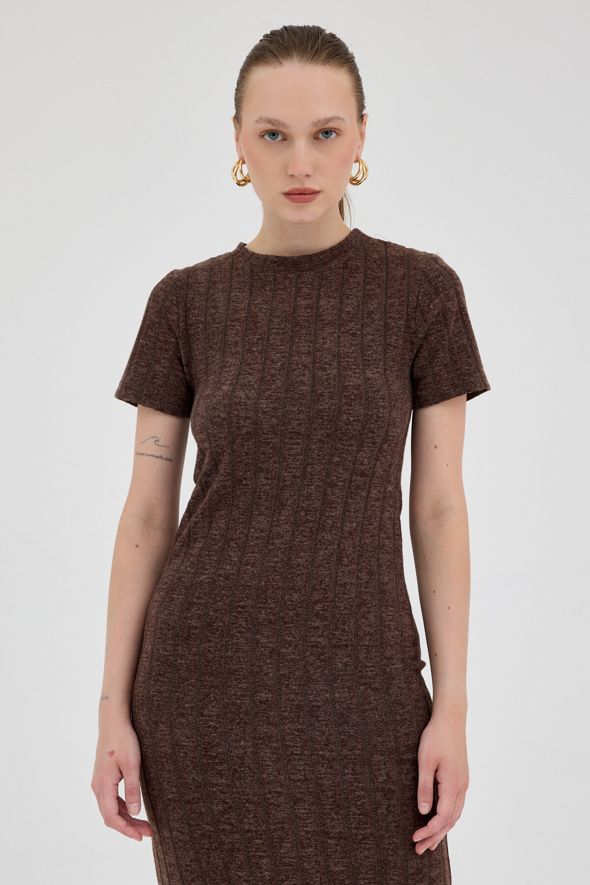 Acı Kahve Kısa Kol Fitilli Dar Elbise 8131A - 4