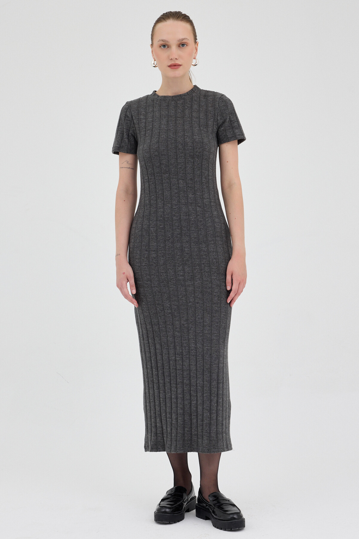 Antrasit Fitilli Midi Triko Elbise 8131A - RAYS