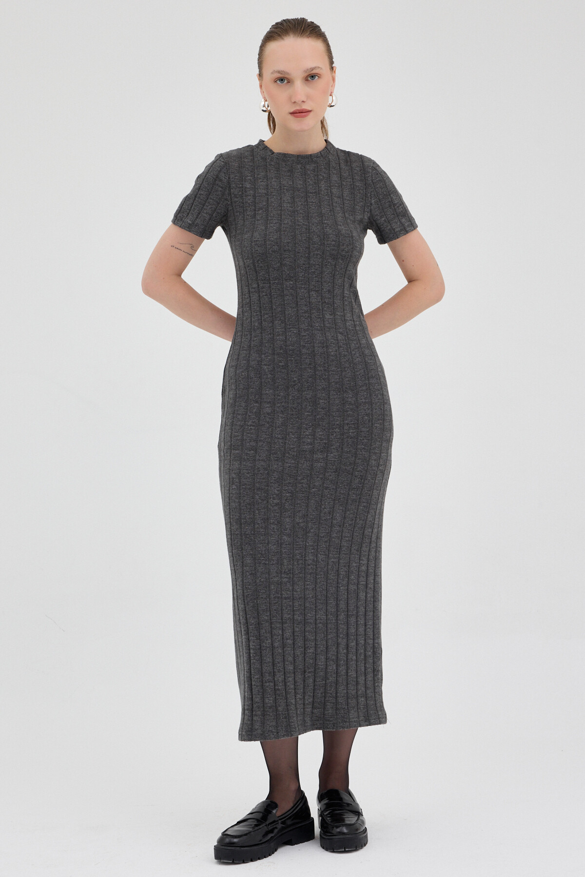 Antrasit Fitilli Midi Triko Elbise 8131A - RAYS