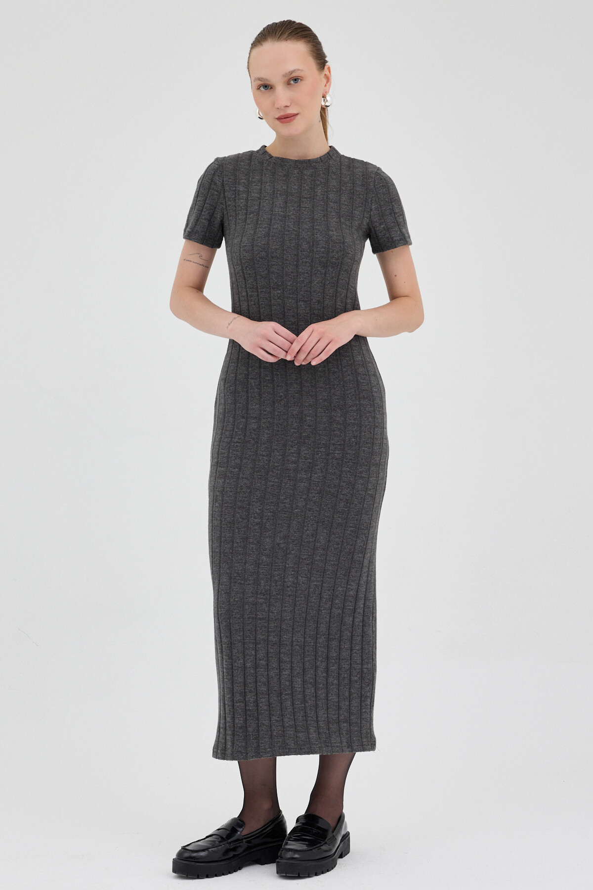 Antrasit Fitilli Midi Triko Elbise 8131A - RAYS