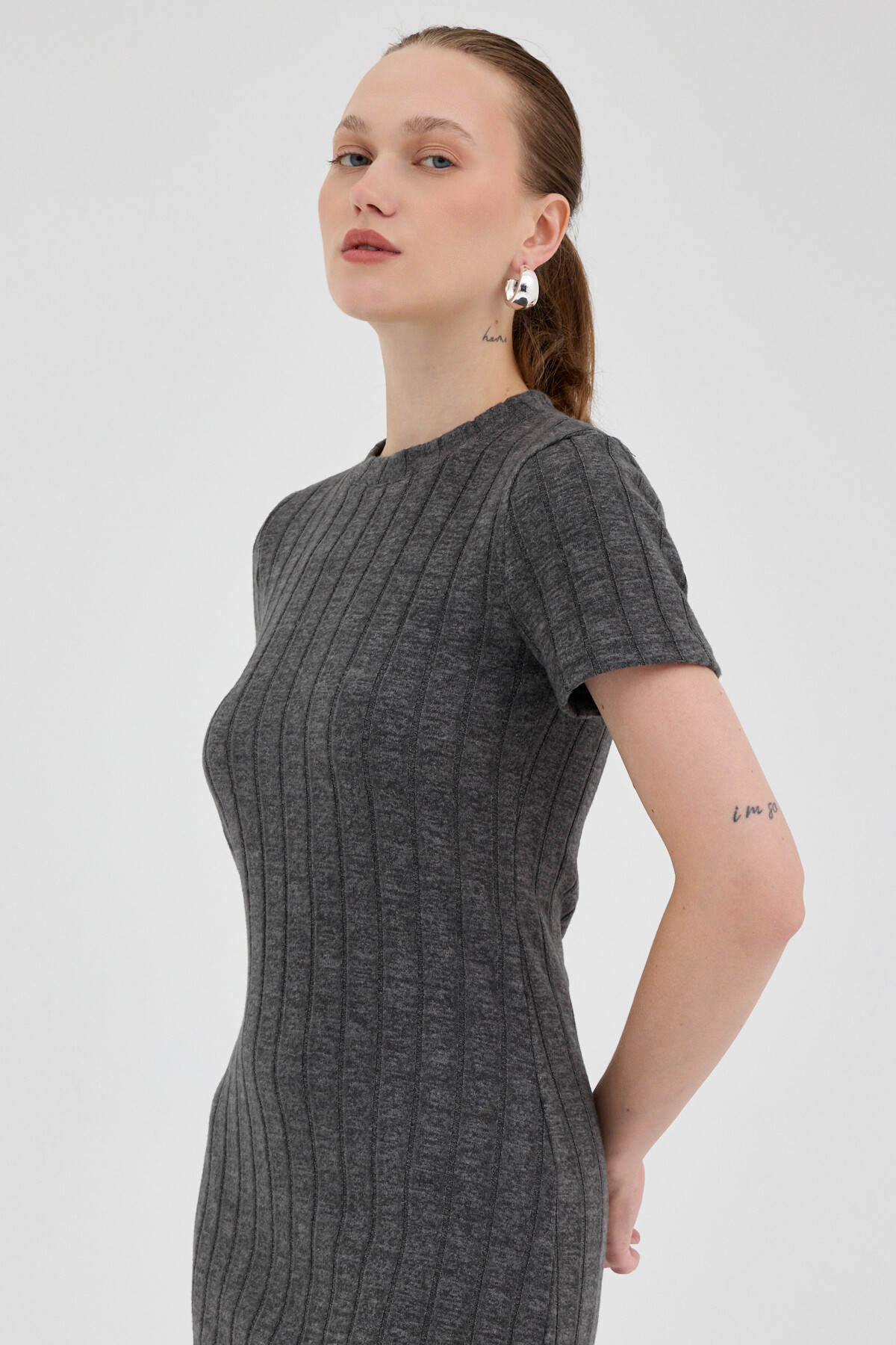 Antrasit Fitilli Midi Triko Elbise 8131A - RAYS