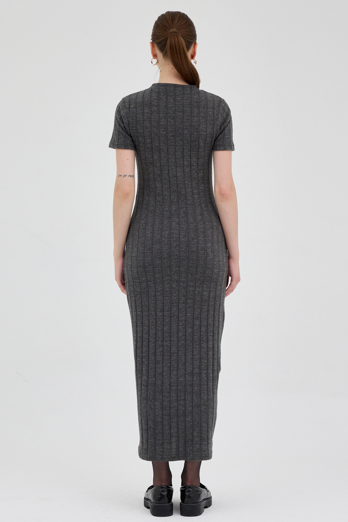 Antrasit Kısa Kol Fitilli Dar Elbise 8131A - 5