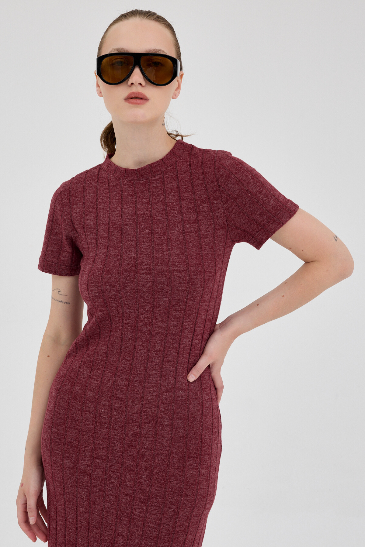 Bordo Fitilli Midi Triko Elbise 8131A - 4